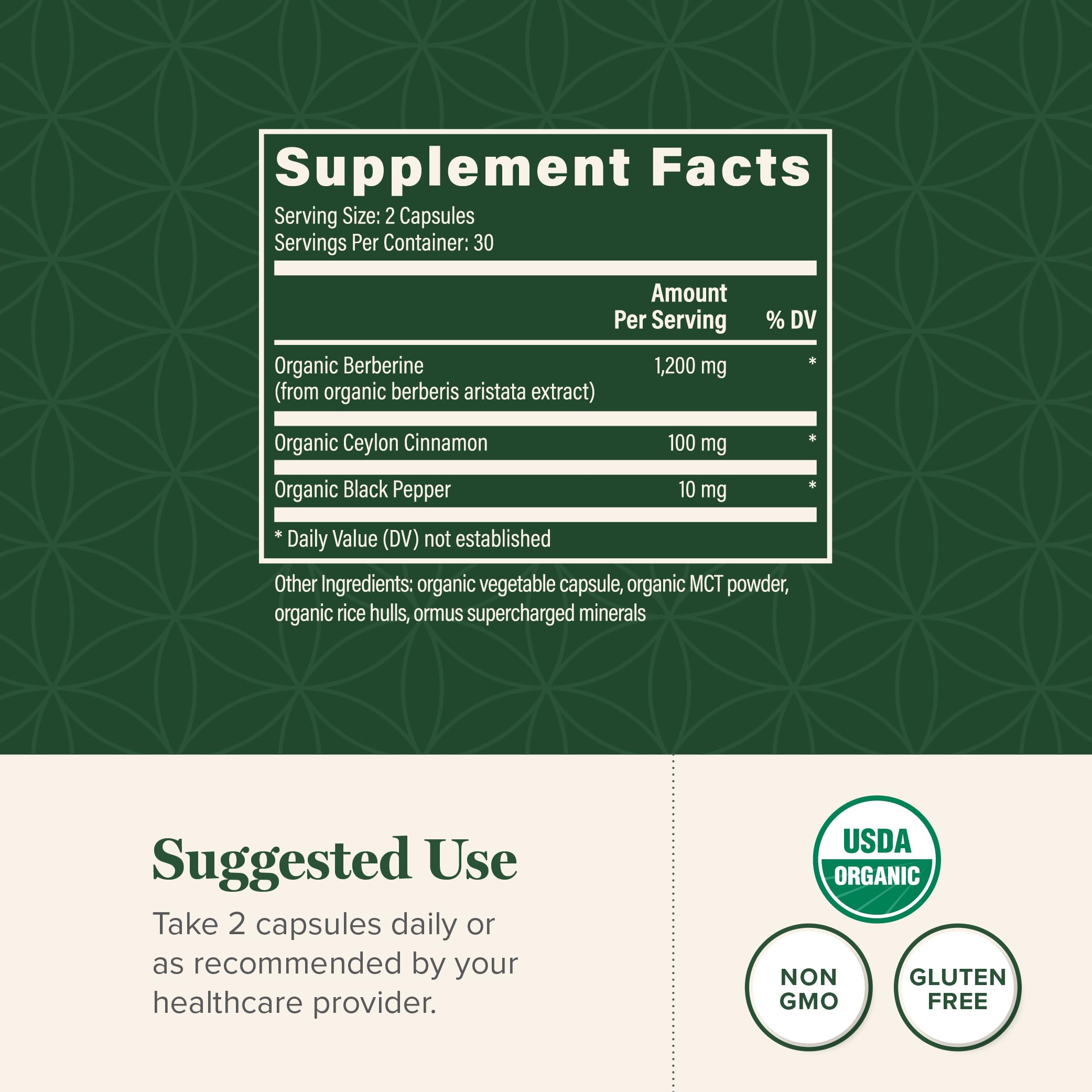 Close-up of Global Healing Center Berberine 1200mg capsules