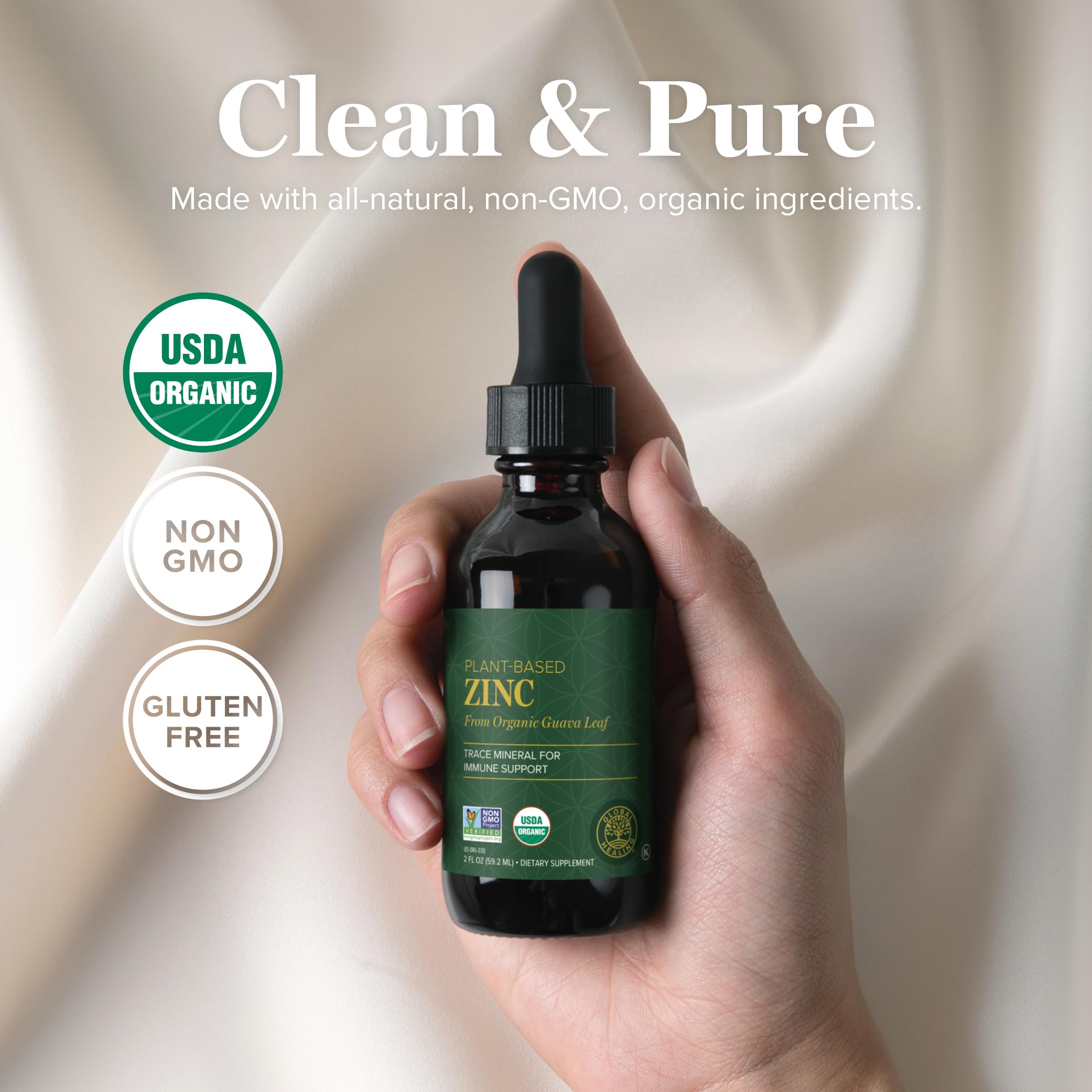 Close-up of Global Healing Center Liquid Zinc Supplement label