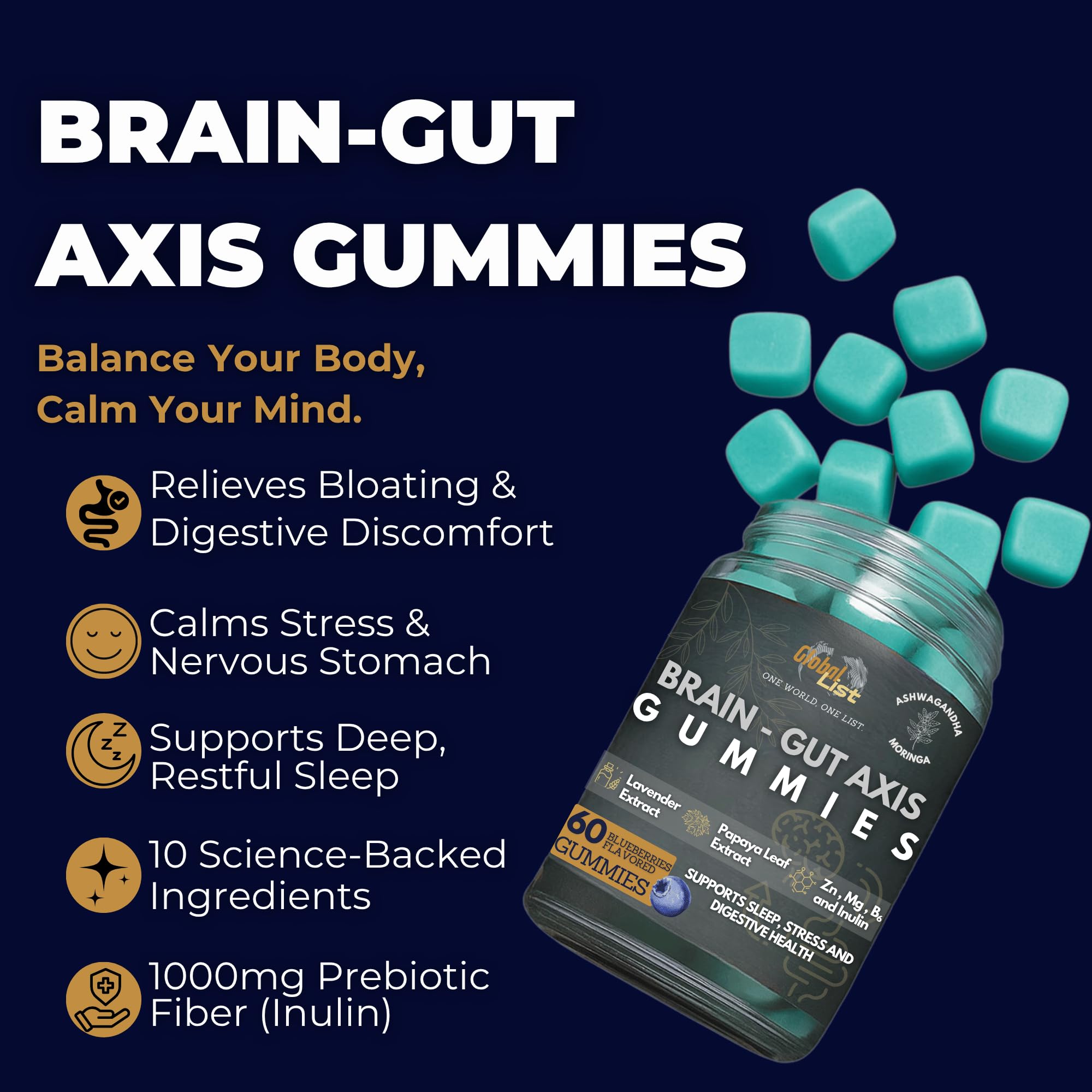 Close-up of Global-List LLC Herbal Supplement Gummies showing blueberry flavour