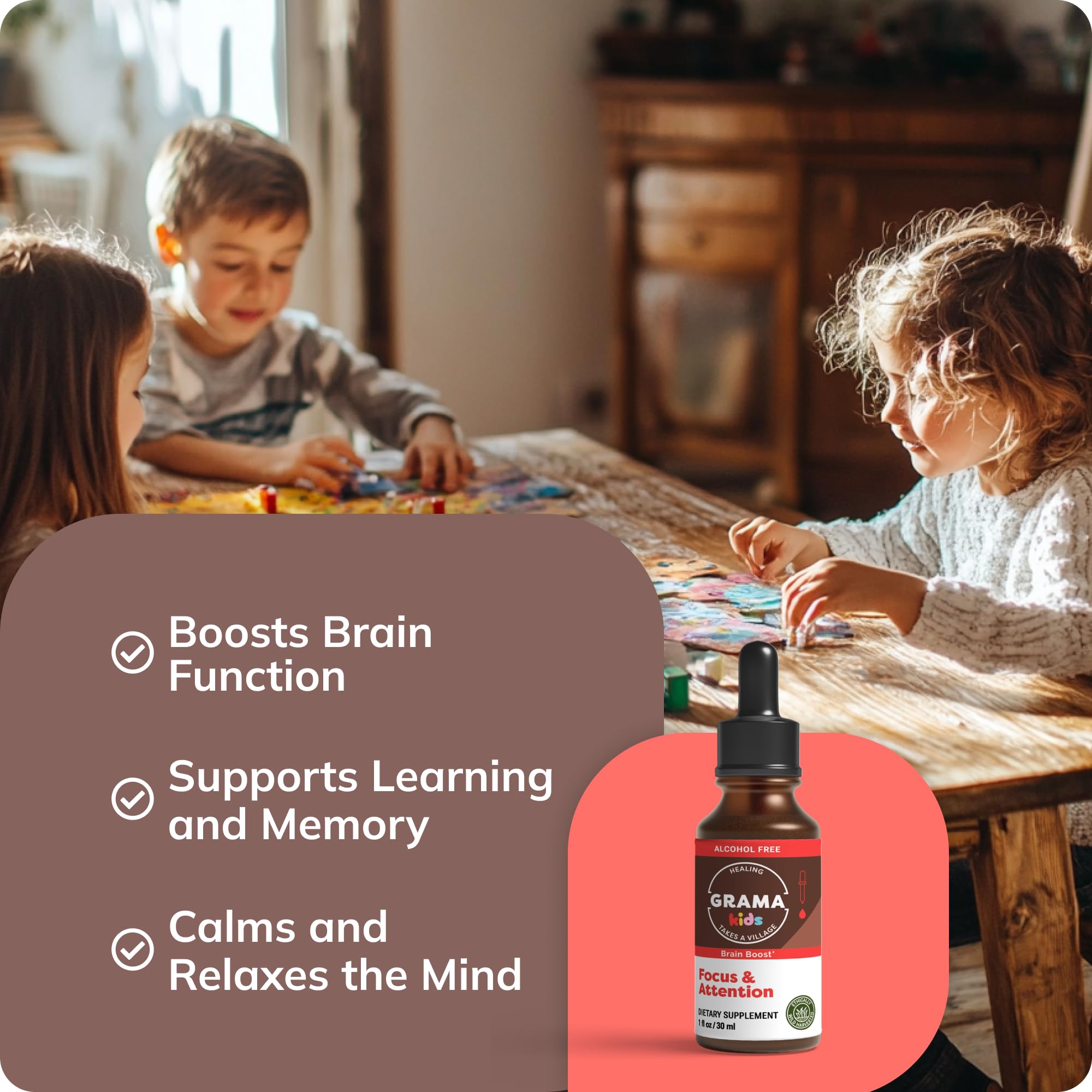 Close-up of Grama Organic Kids Focus Drops dropper dispensing liquid