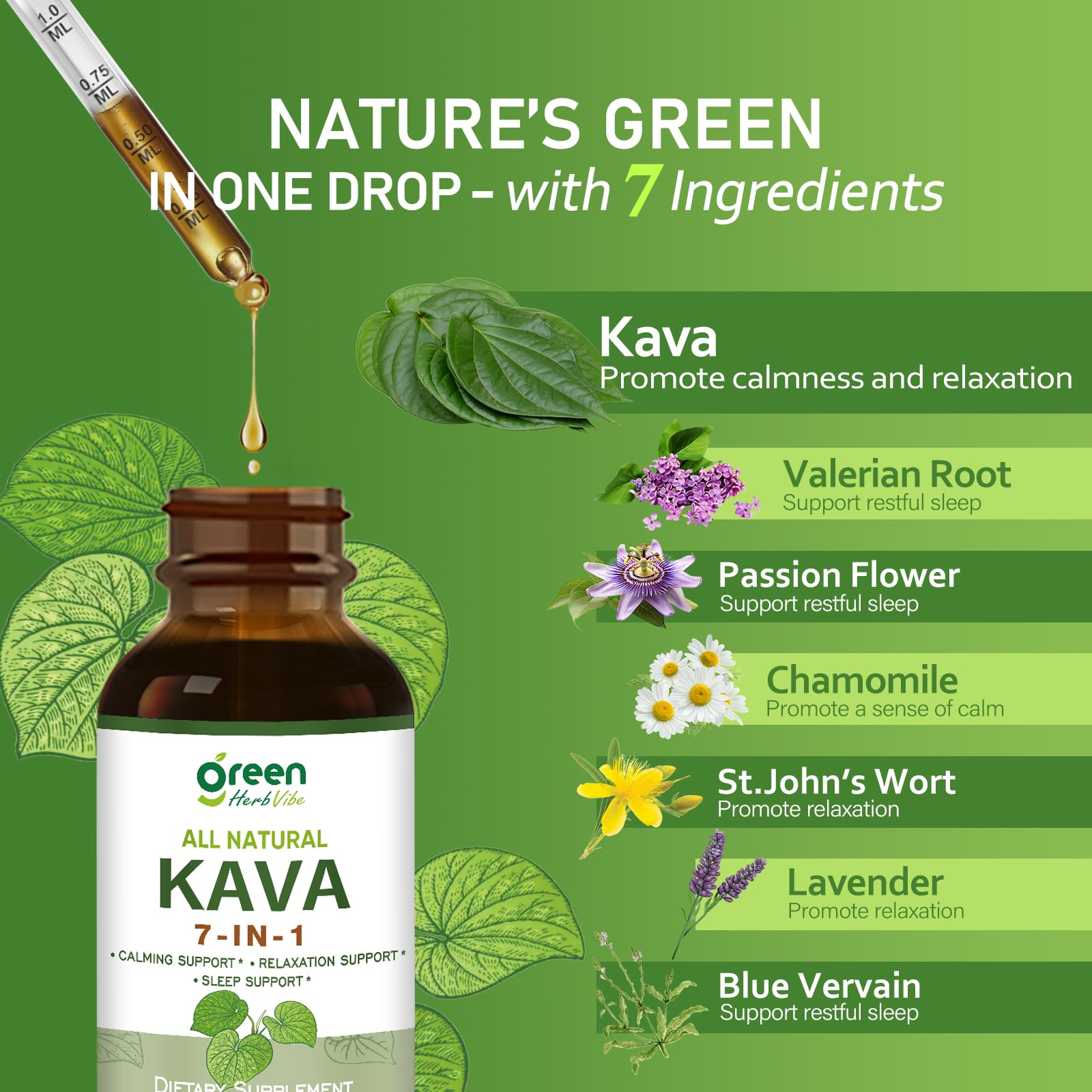 Close-up of green Herb Vibe Kava Herbal Drops ingredients list