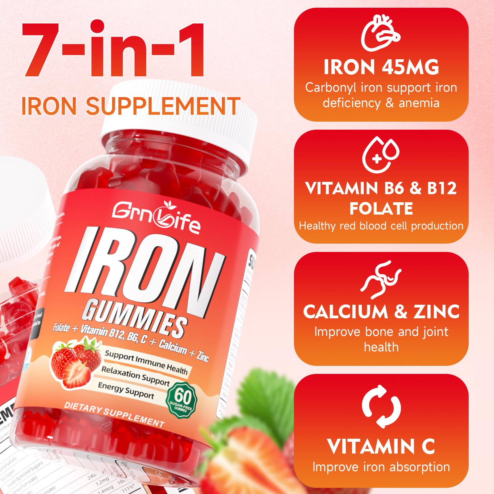 Close-up of GrnLife Iron Gummies with visible gummy texture
