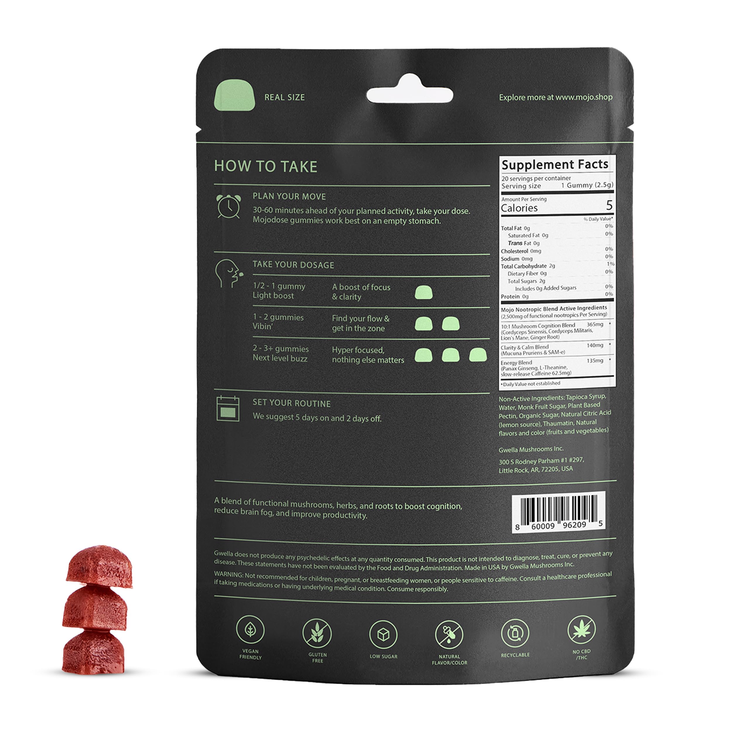 Close-up of Gwella Focus Aid Gummies with strawberry and tangerine flavour
