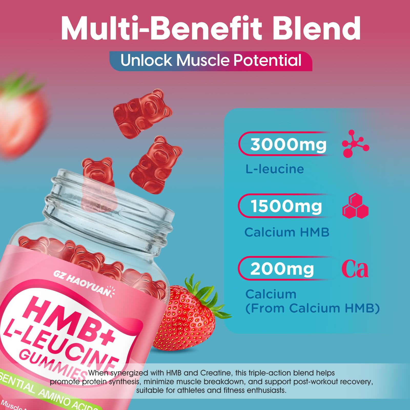Close-up of GZ HAOYUAN gummies showing strawberry flavour