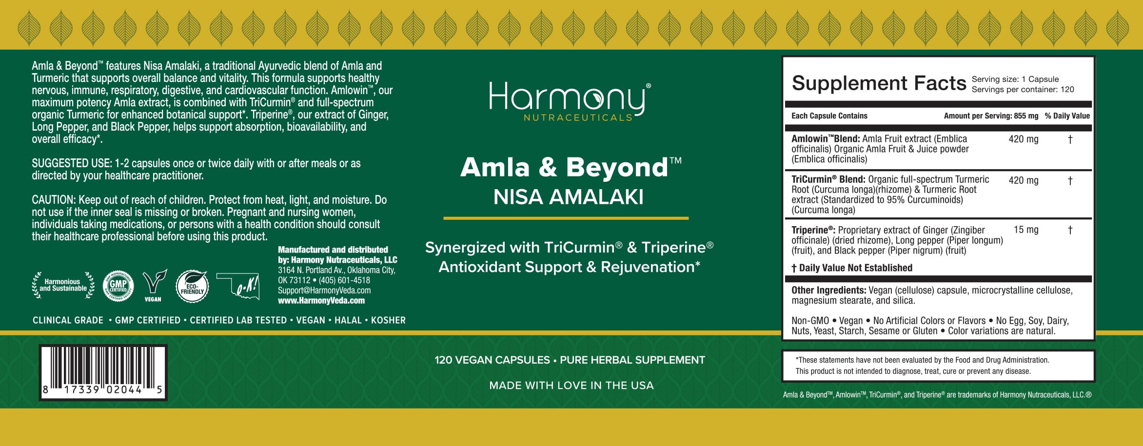 Close-up of Harmony Nutraceuticals Amla With Turmeric & TriperineTM Capsules