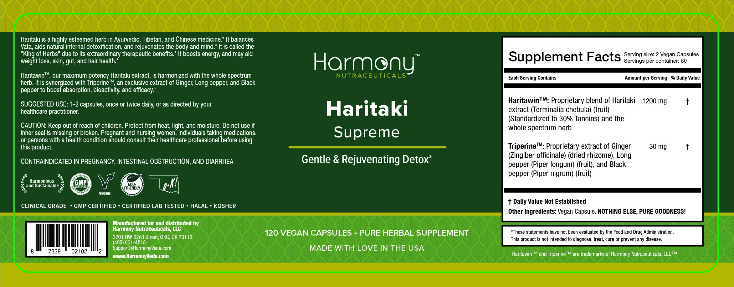 Close-up of Harmony Nutraceuticals Haritaki Capsules showing capsule size