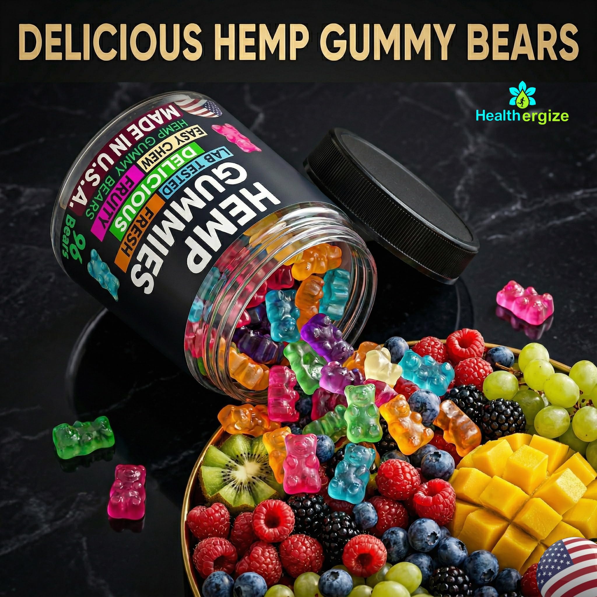 Close-up of Healthergize Hemp Gummies showing Blue Raspberry and Strawberry