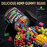 Close-up of Healthergize Hemp Gummies showing Blue Raspberry and Strawberry