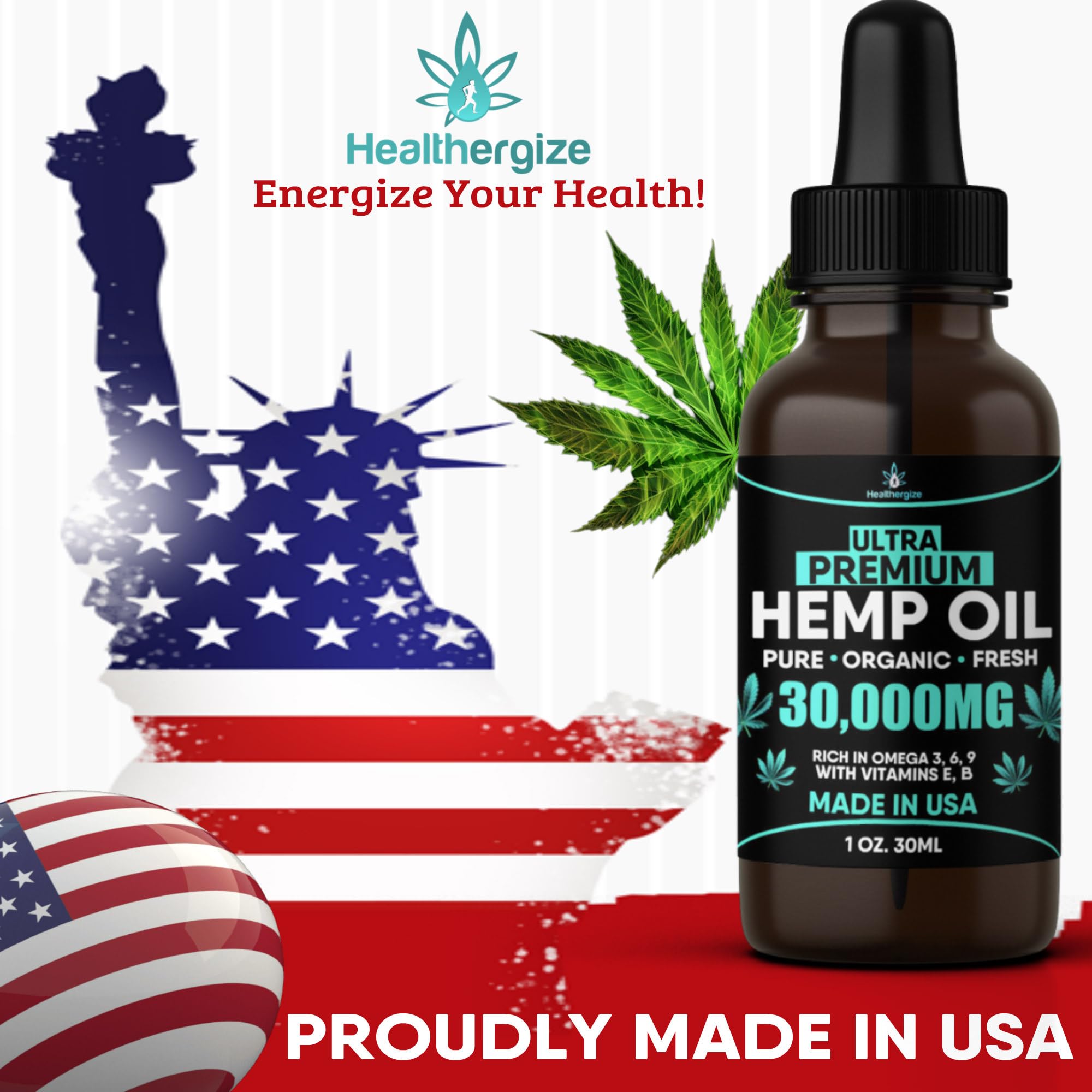 Close-up of Healthergize Hemp Seed Oil bottle with dropper