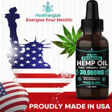 Close-up of Healthergize Hemp Seed Oil bottle with dropper