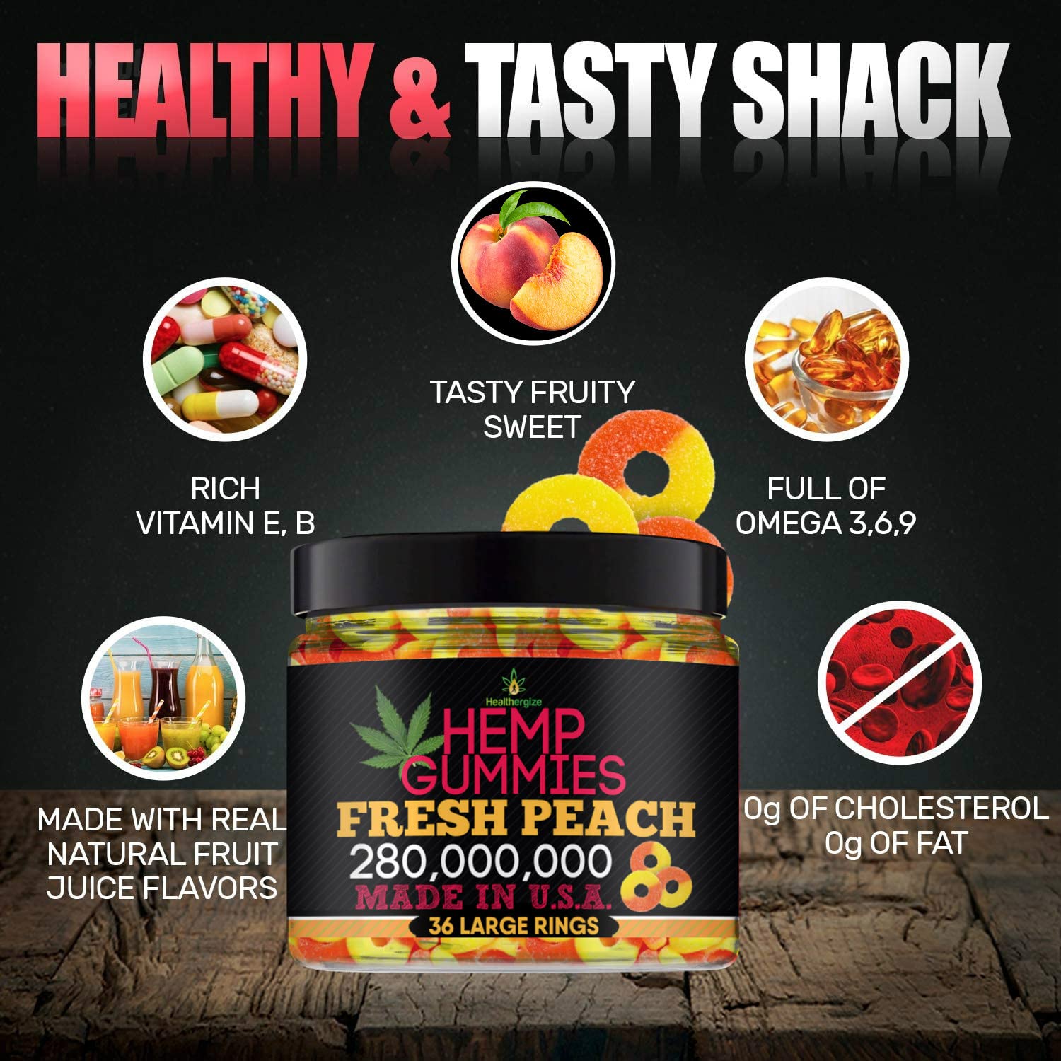 Close-up of Healthergize Peach Hemp Gummies showing individual gummies