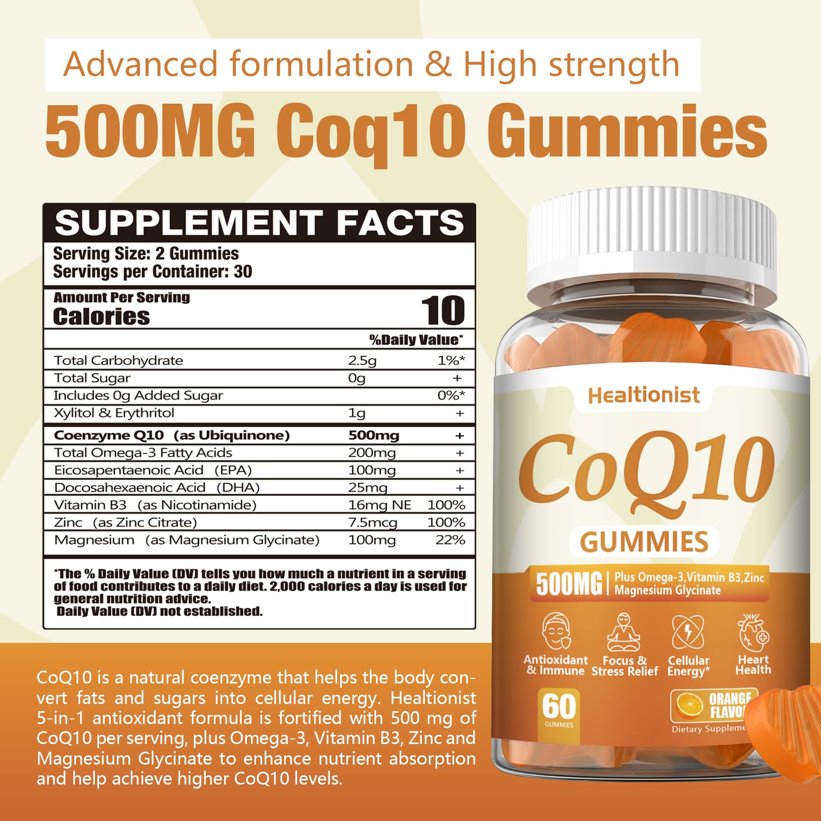 Close-up of Healtionist CoQ10 Gummies showing individual gummies