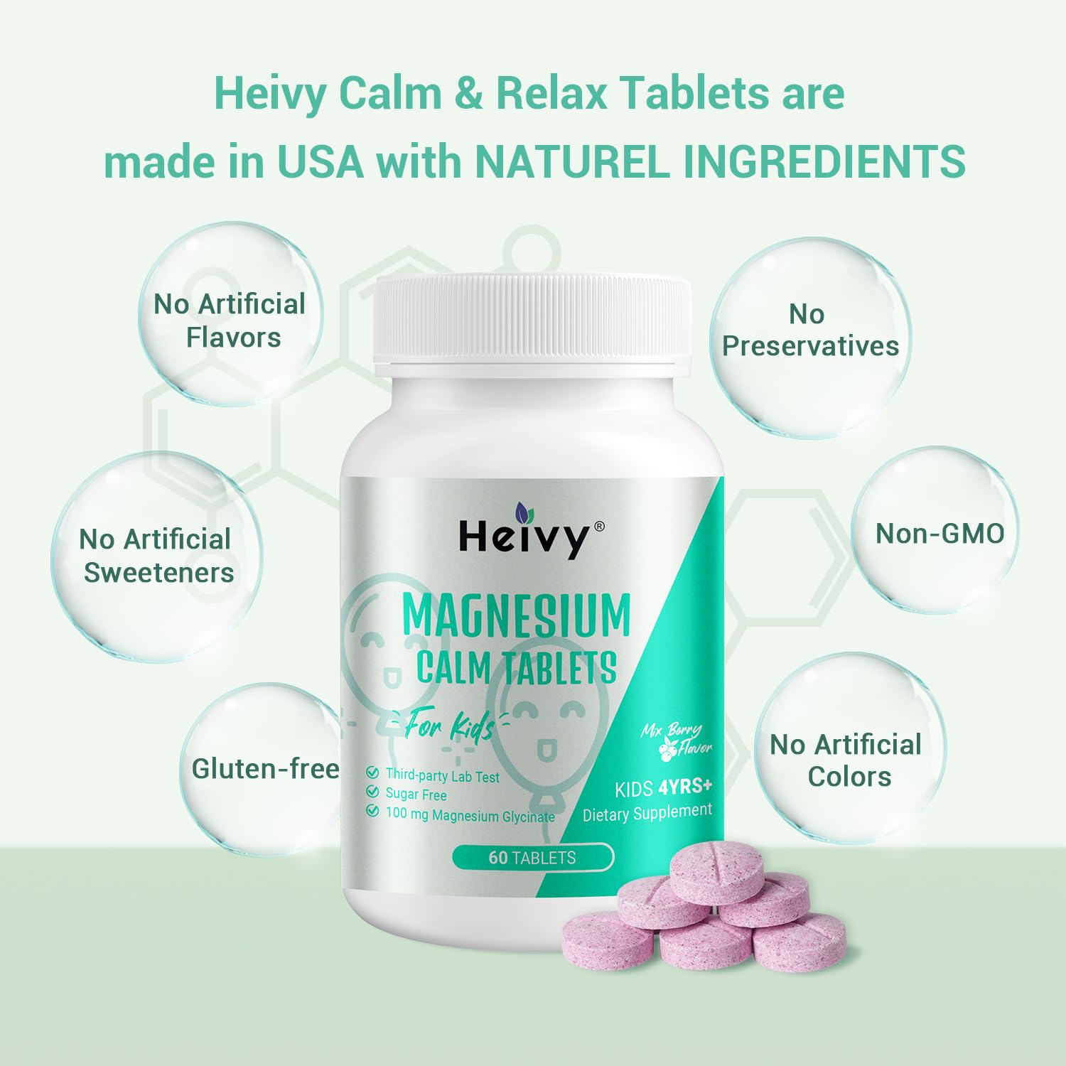 Close-up of Heivy Calm & daily wellness Tablets showing easy-to-swallow shape