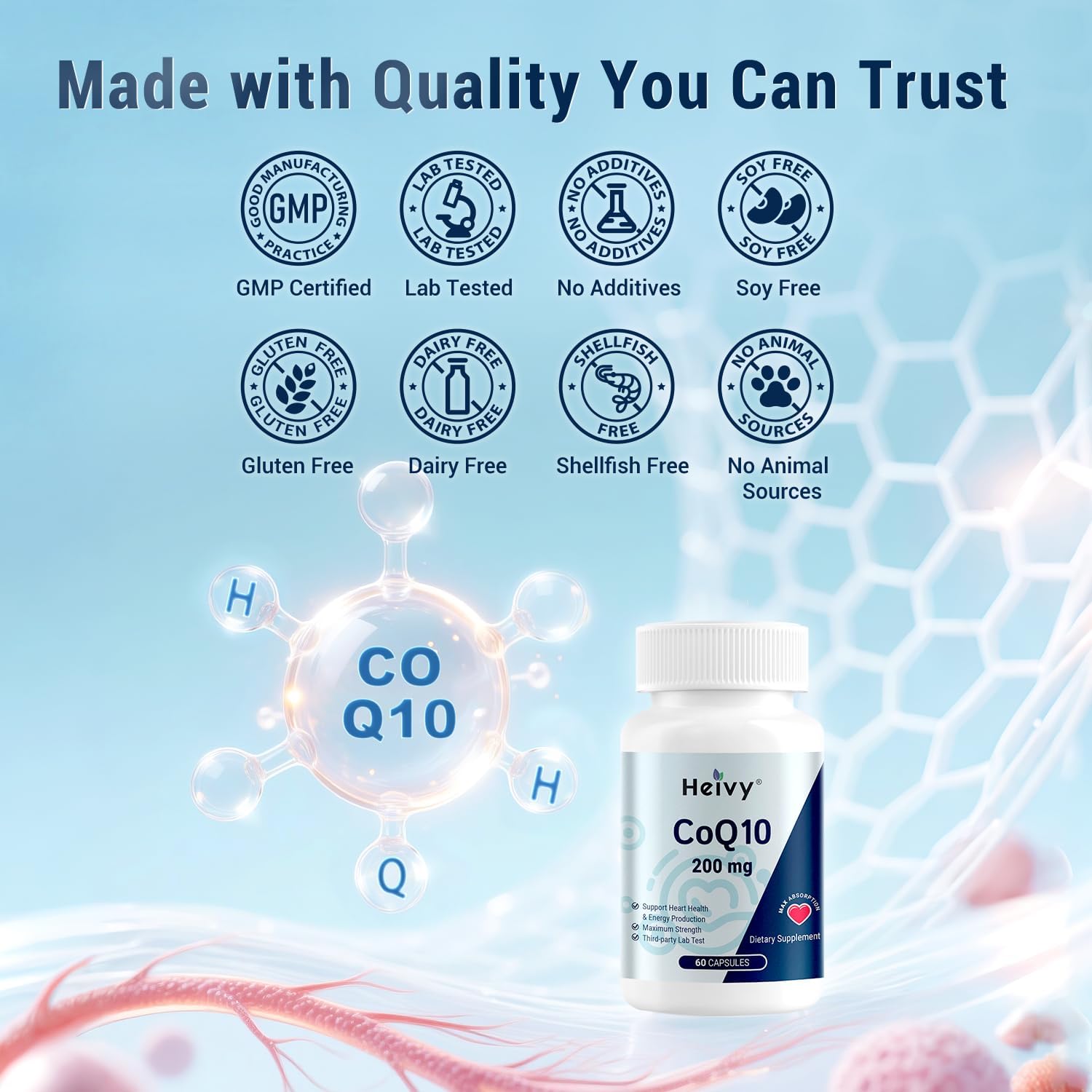 Close-up of Heivy CoQ10 capsules