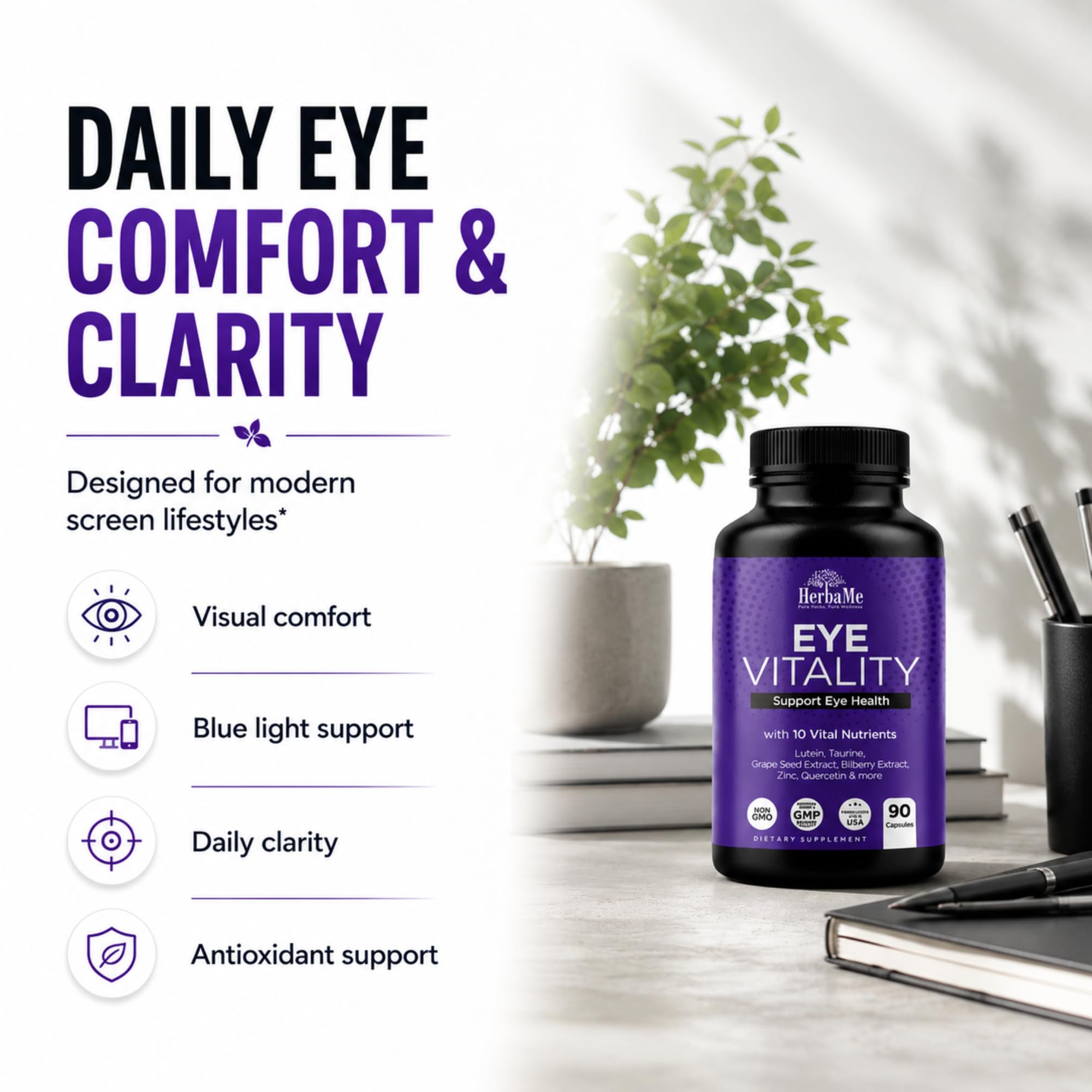 Close-up of HerbaMe Lutein Eye Support Capsules showing capsule details
