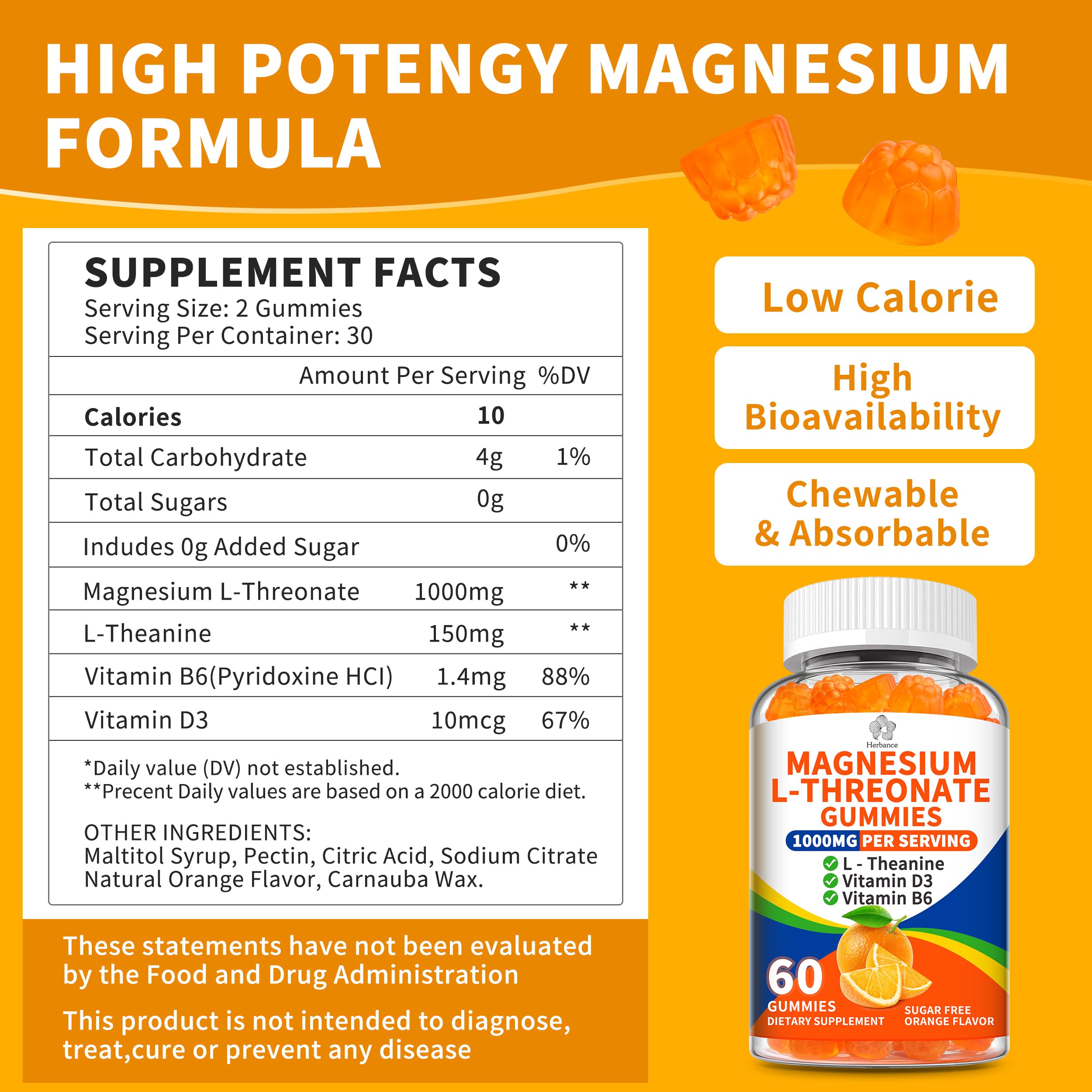 Close-up of Herbance Magnesium L-Threonate Gummies showing orange flavour