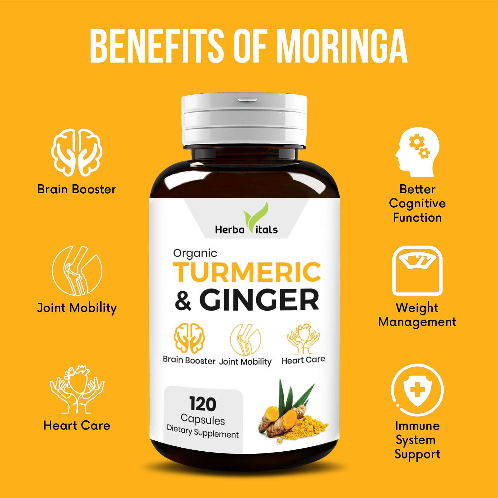 Close-up of HerbaVitals Turmeric and Ginger capsules