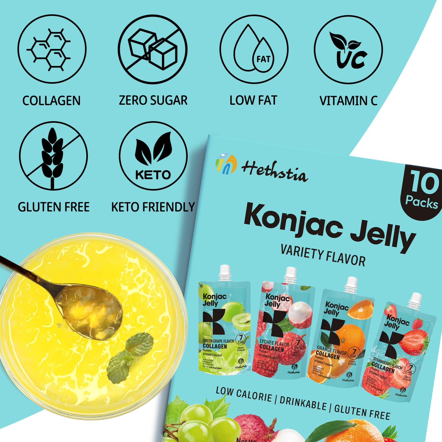 Close-up of Hethstia Konjac Jelly pouch with Lychee flavour