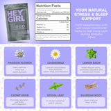 Close-up of Hey Girl Sleep Tea ingredients including chamomile and passion flower