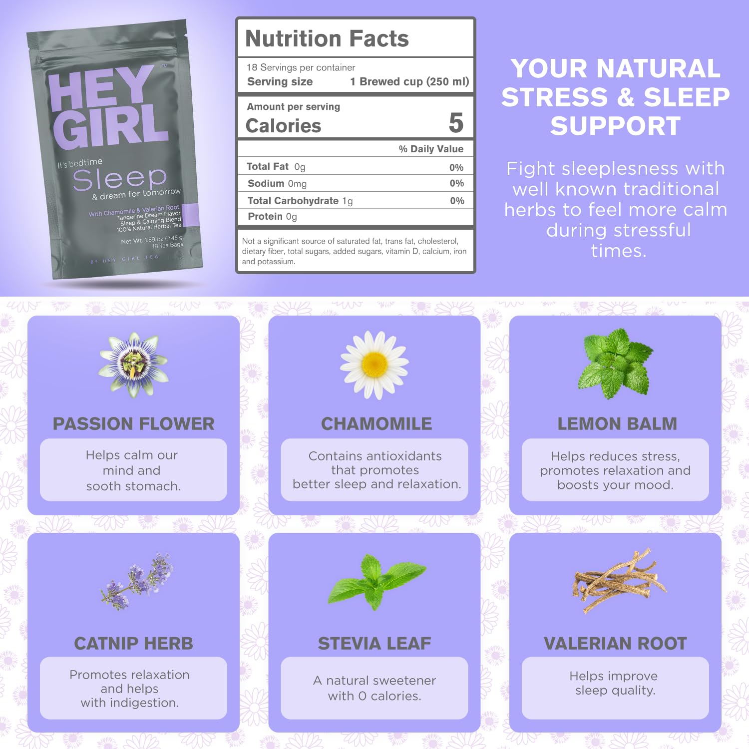 Close-up of Hey Girl Sleep Tea ingredients including chamomile and passion flower
