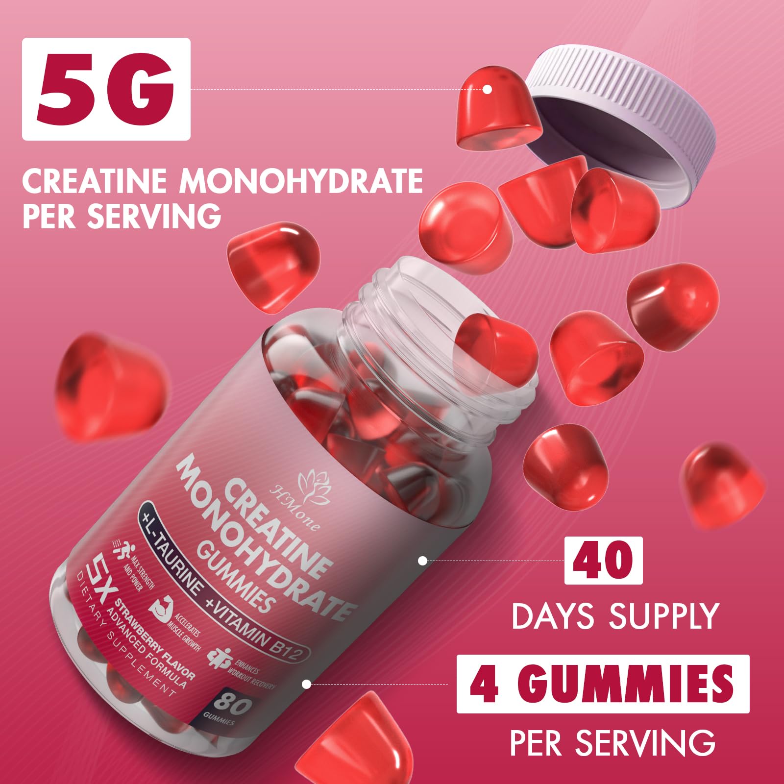 Close-up of HMone Creatine Gummies showing strawberry flavour