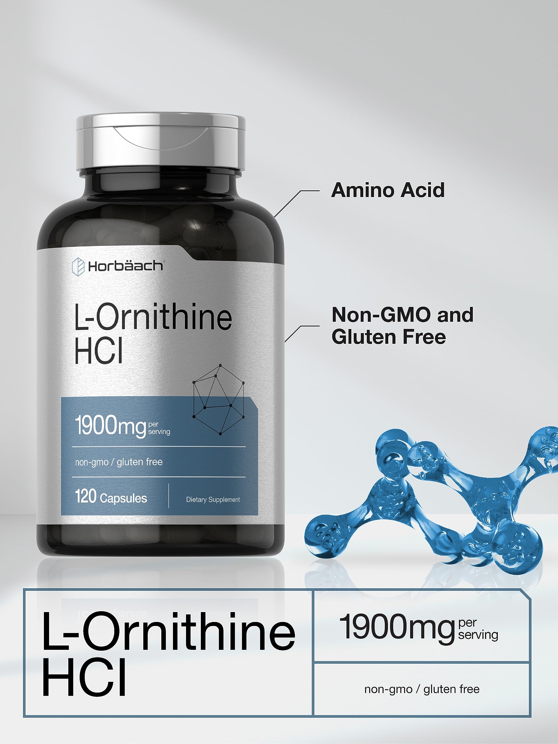 Close-up of Horbäach L-Ornithine HCl capsules in bottle