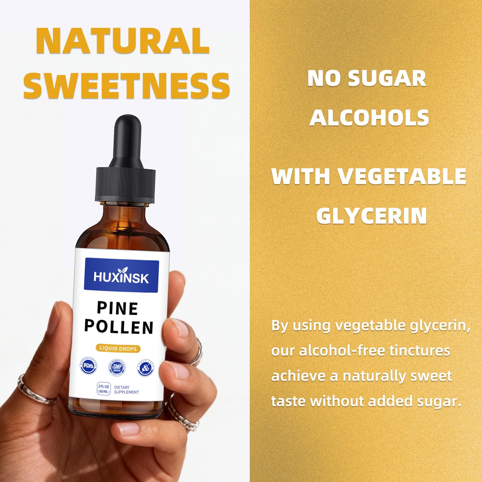 Close-up of HUXINSK Pine Pollen Liquid Drops label
