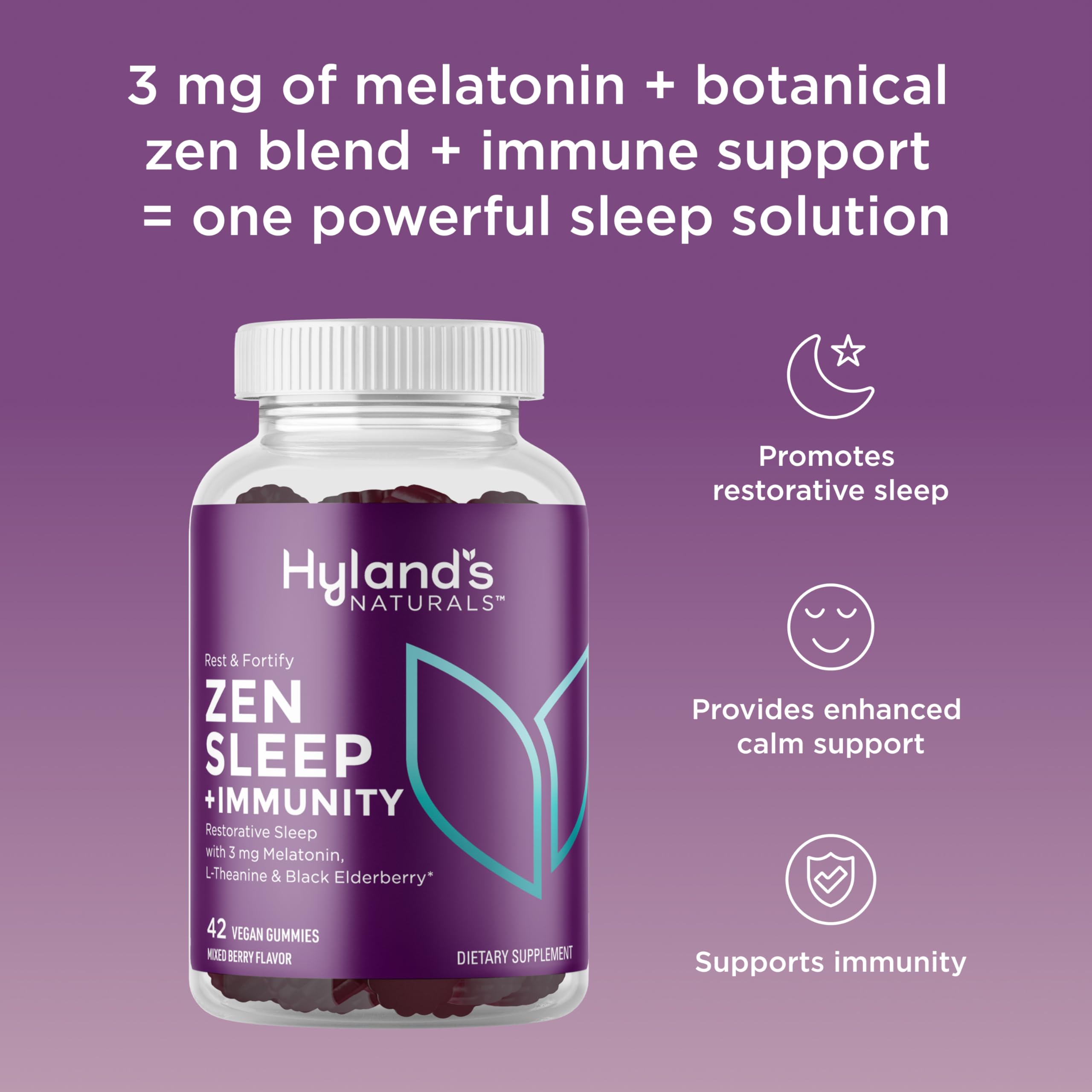 Close-up of Hyland's Zen Sleep & daily wellness Gummies mixed-berry flavour