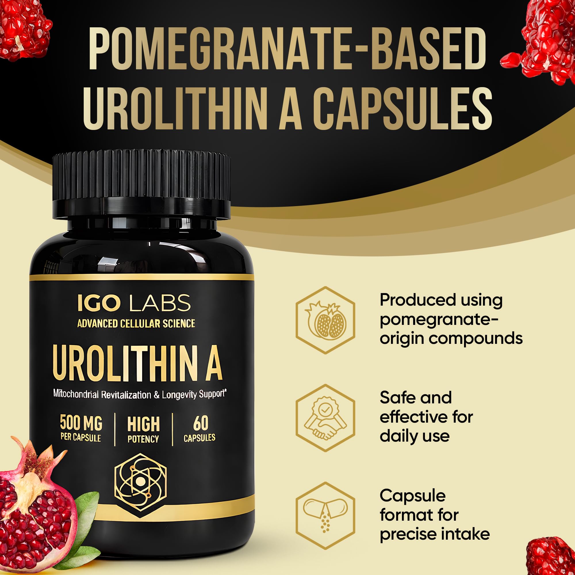 Close-up of Igo Labs Urolithin A capsules
