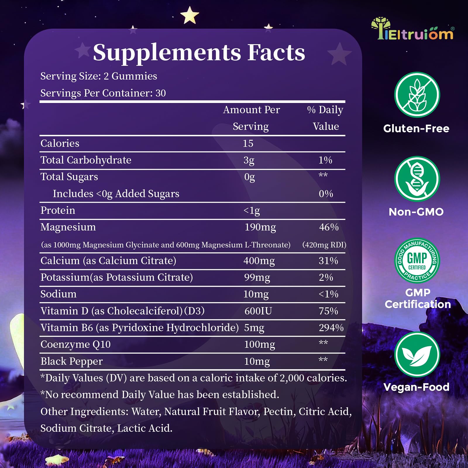 Close-up of IIEltruiom Magnesium Gummies showing ingredients
