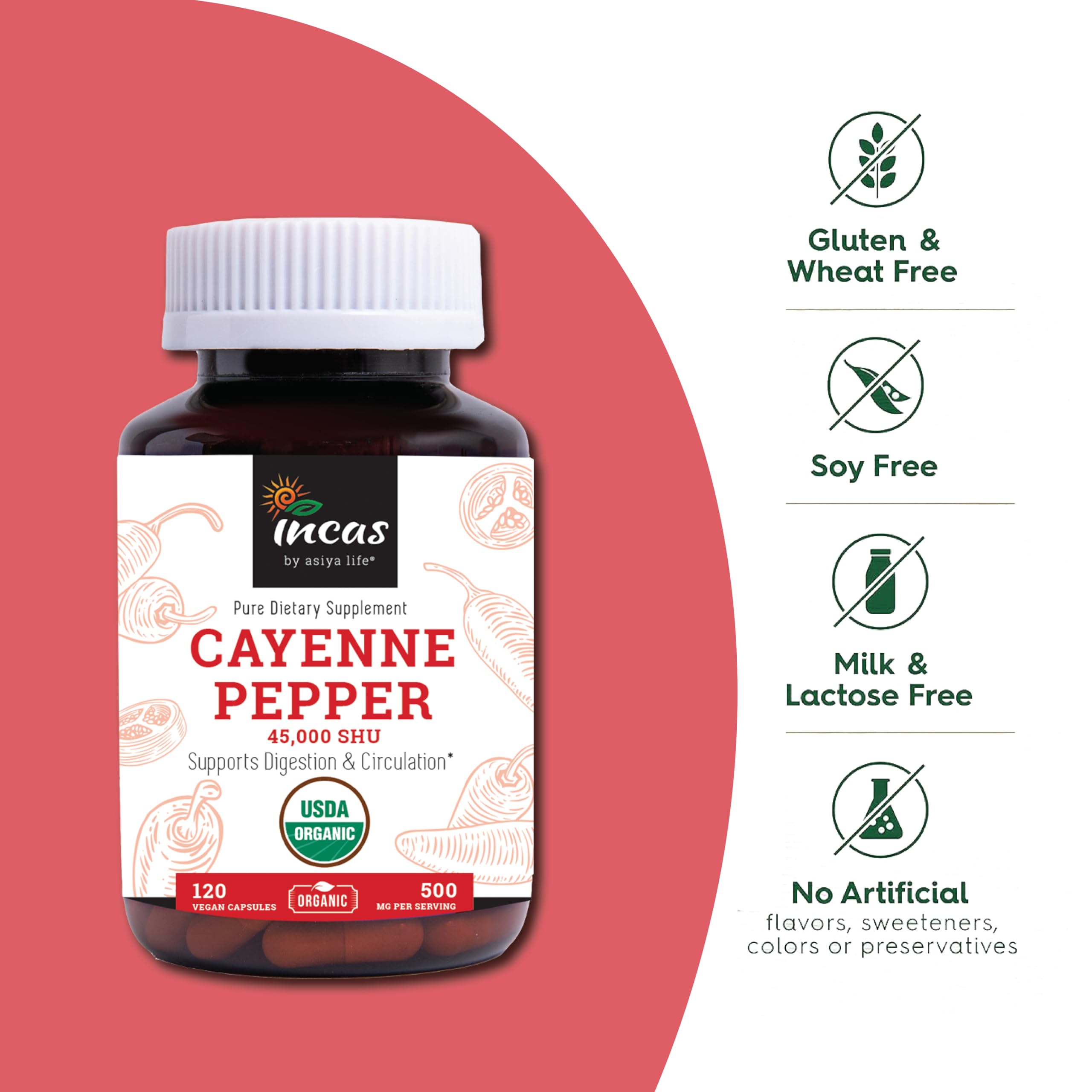 Close-up of Incas Organic Red Cayenne Pepper Capsules