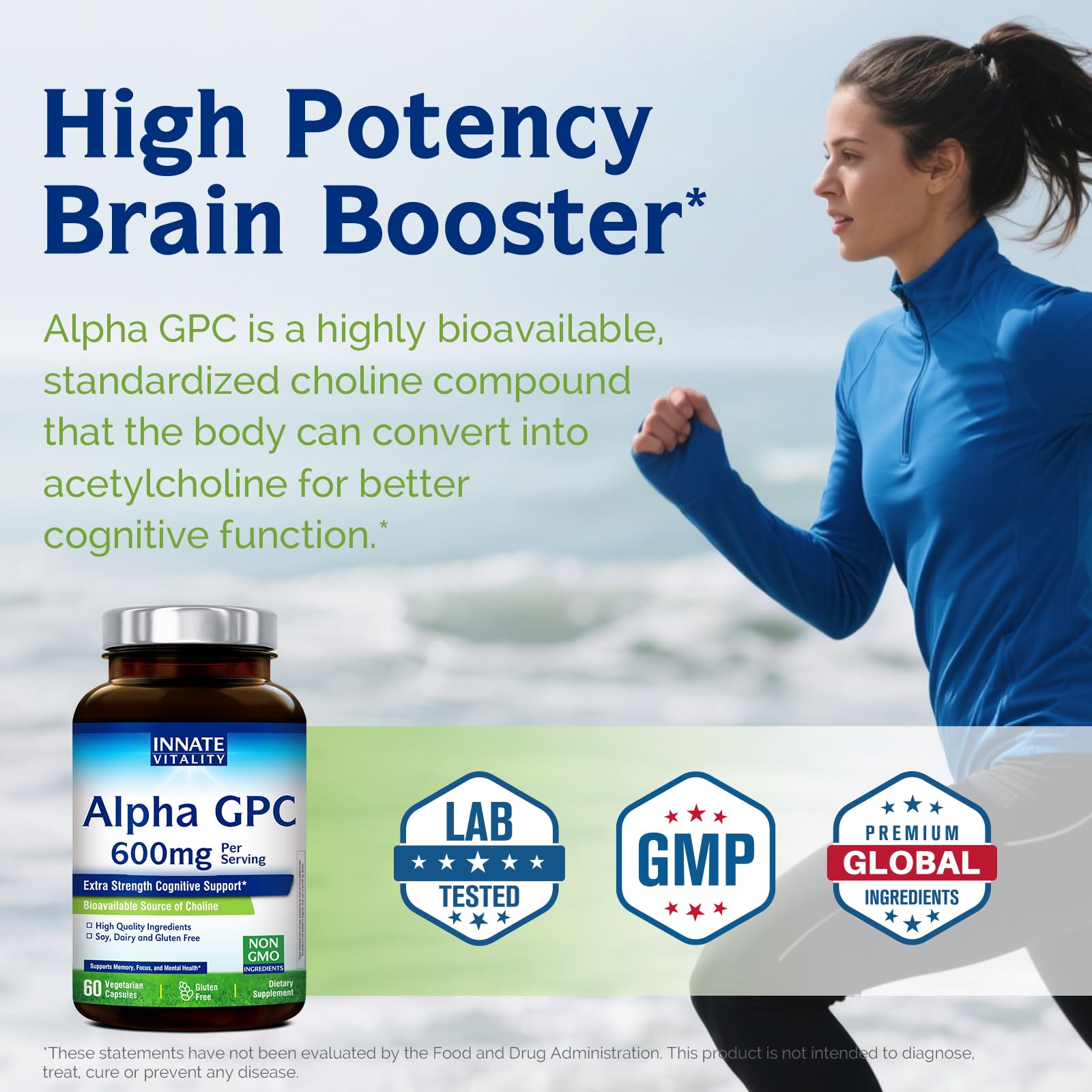 Close-up of Innate Vitality Alpha GPC Choline Supplement capsules