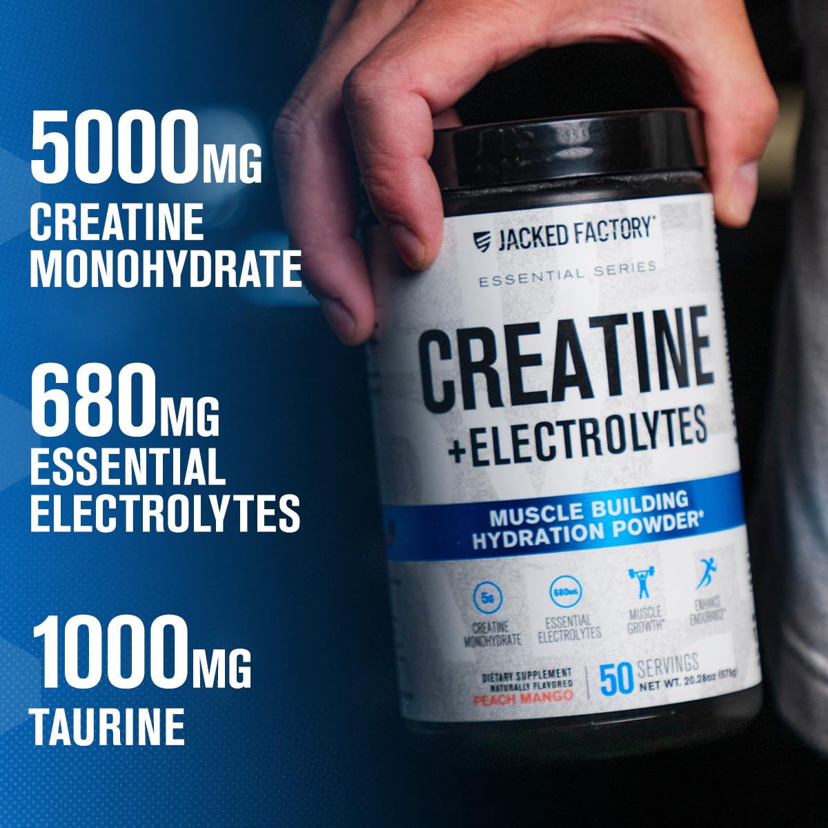 Close-up of Jacked Factory Creatine + Electrolytes powder