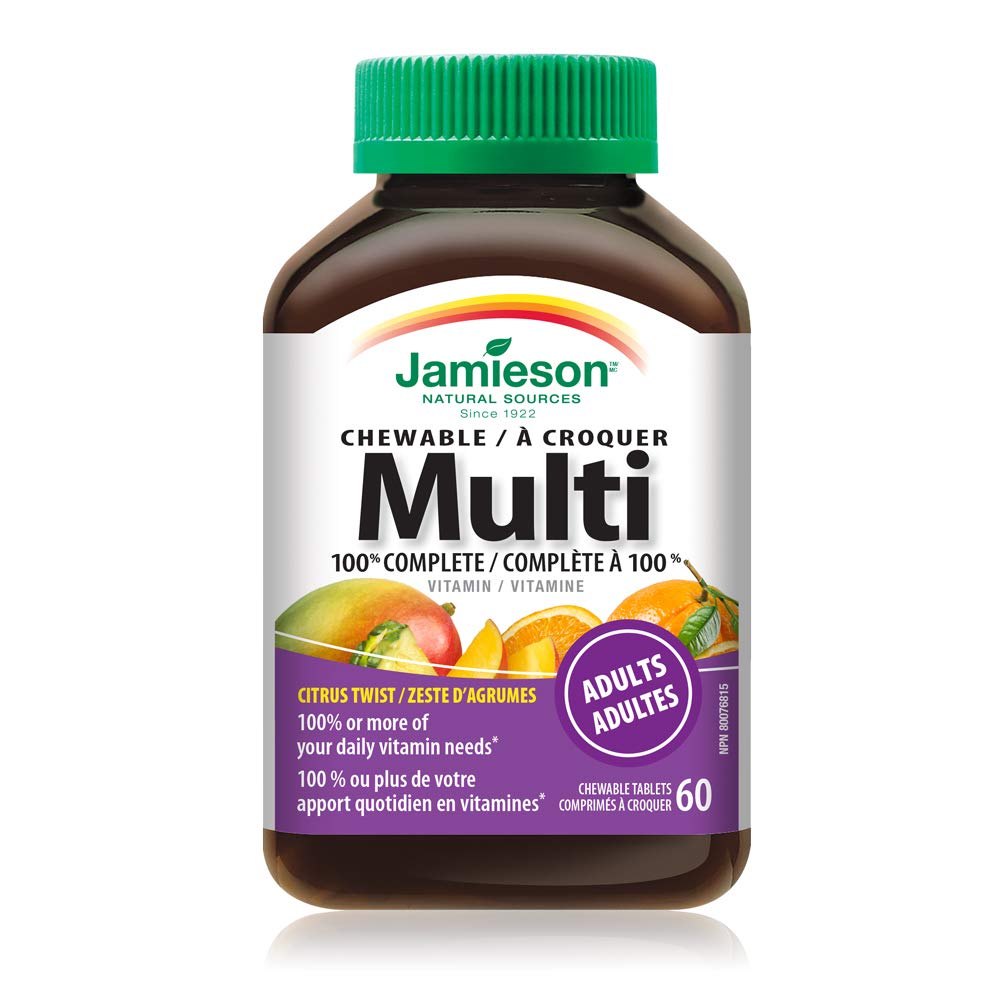 Close-up of Jamieson Laboratories Chewable Multivitamin Citrus Twist tablet