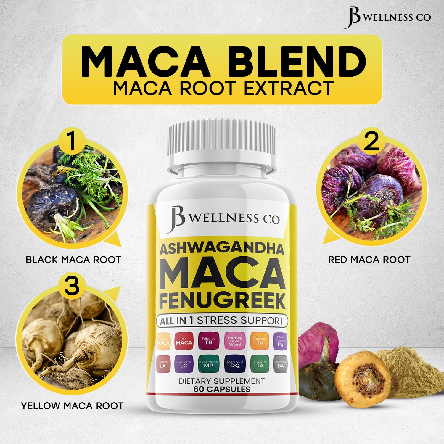 Close-up of JB Wellness Co Maca Fenugreek Ashwagandha capsules