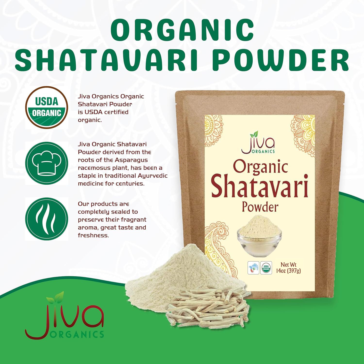 Close-up of Jiva Organics Shatavari Powder packaging