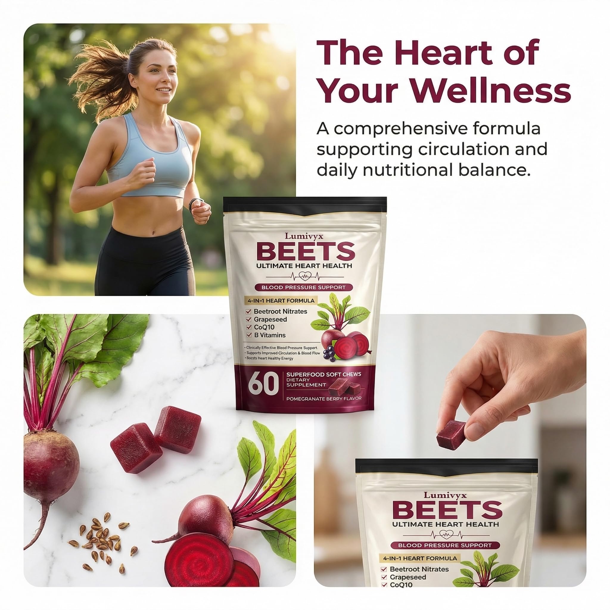 Close-up of Jqewlg Lumivyx Beetroot Wellness Chews in pomegranate berry flavour