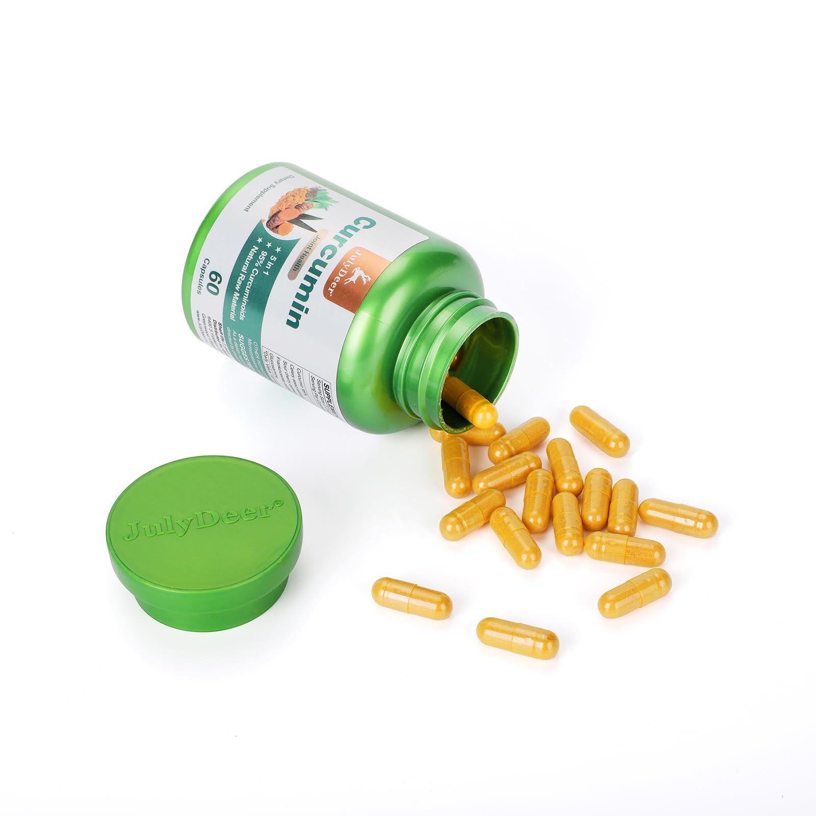 Close-up of JulyDeer Turmeric Curcumin Capsules showing capsules