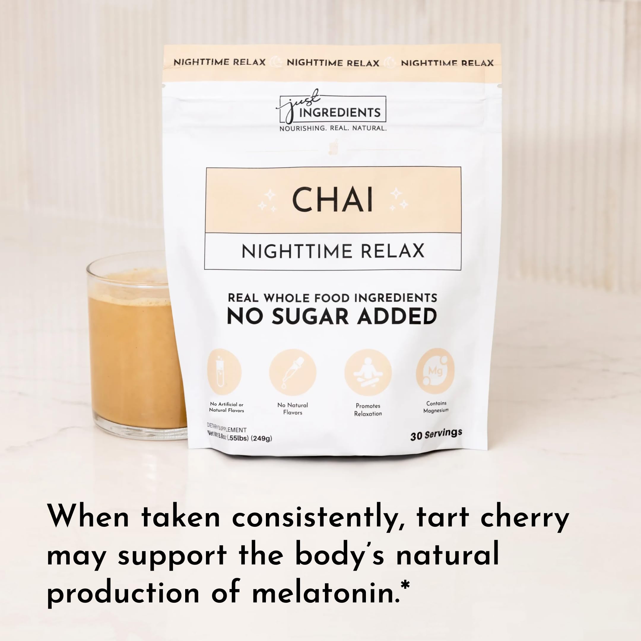 Close-up of JUST INGREDIENTS Chai Nighttime daily wellness Drink ingredients