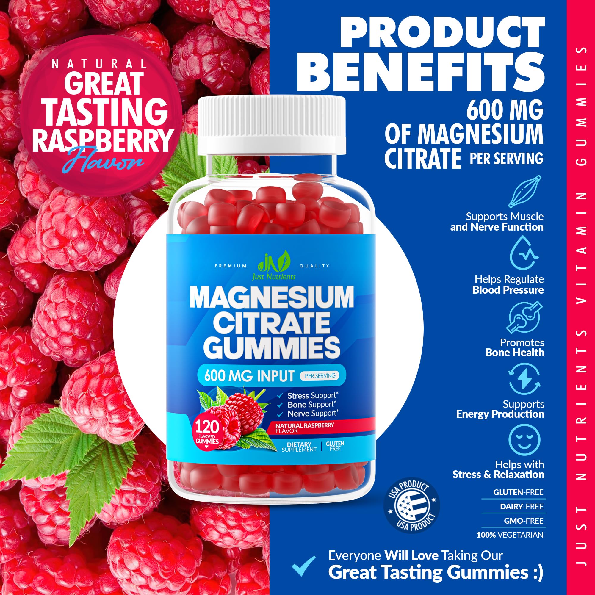 Close-up of Just Nutrients Magnesium Citrate Gummies raspberry flavour