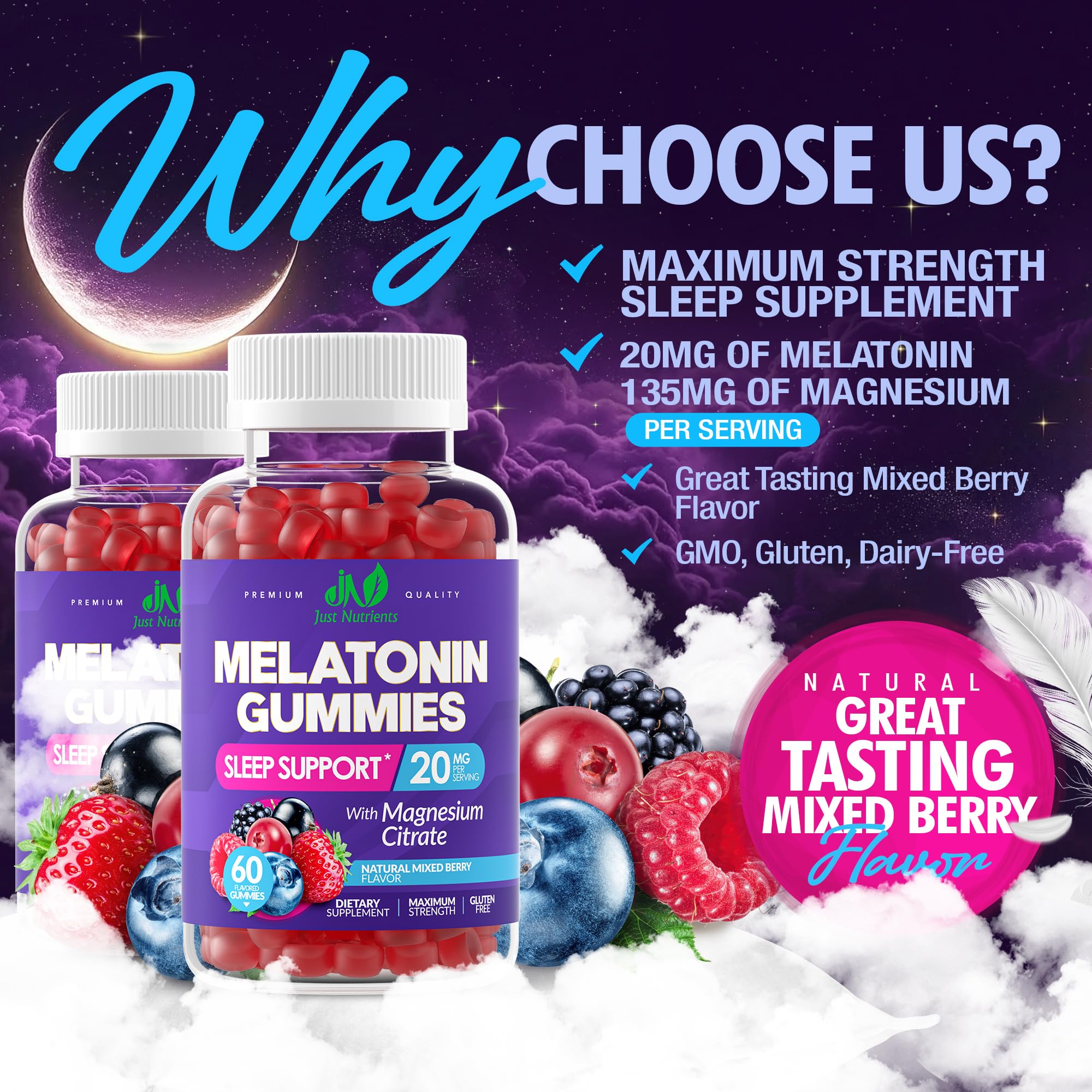 Close-up of Just Nutrients Melatonin Gummies showing mixed berry flavour