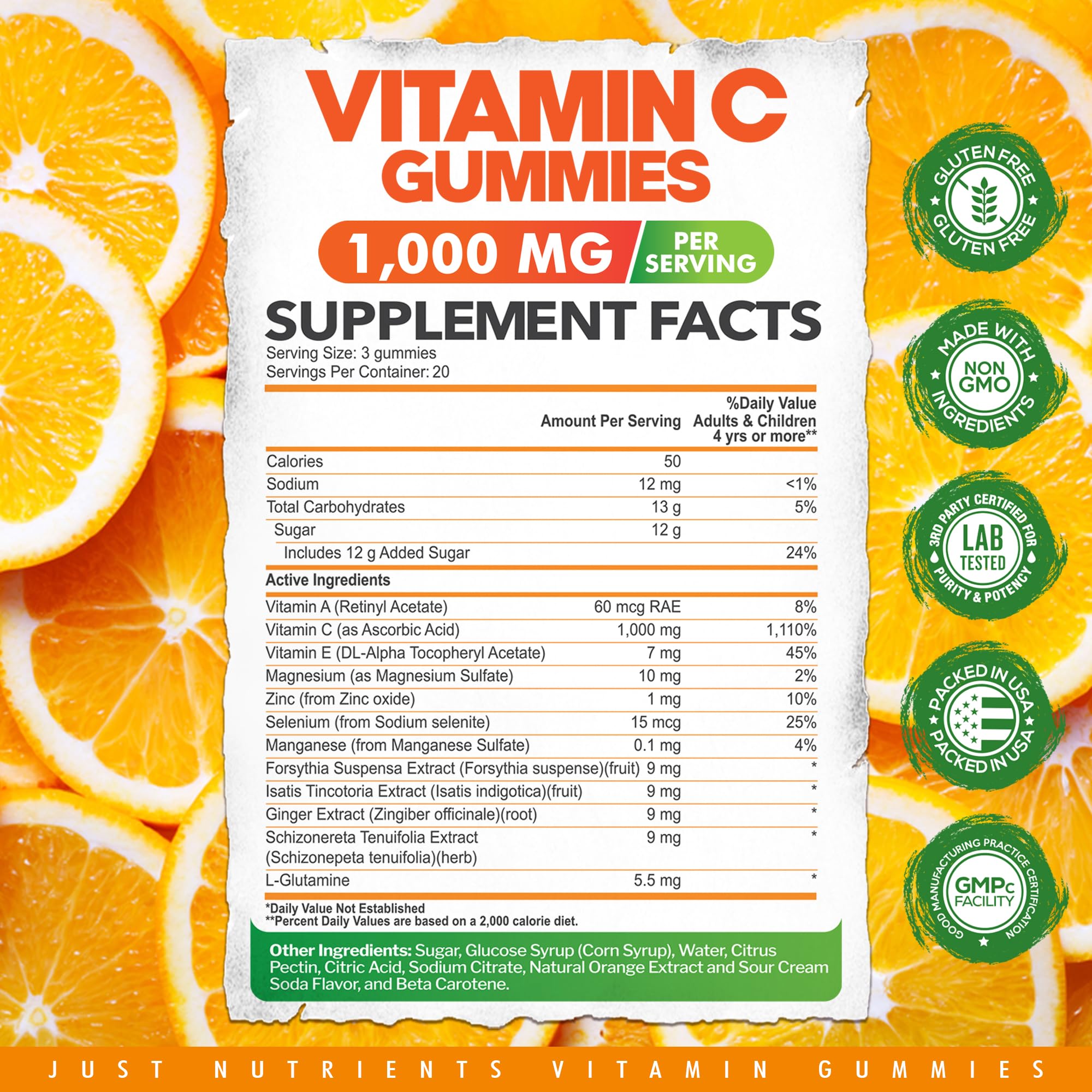 Close-up of Just Nutrients Vitamin C Gummies with orange flavour