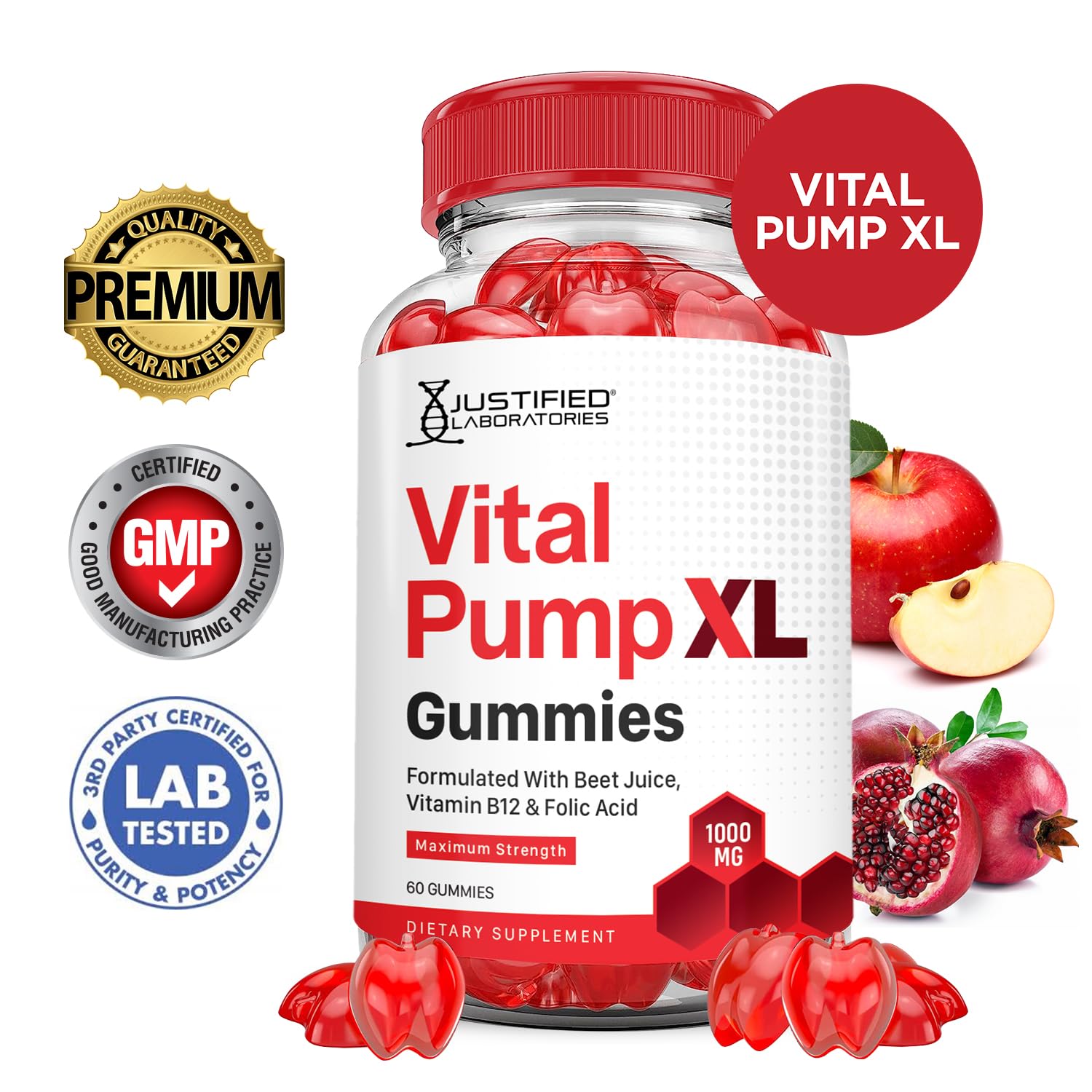 Close-up of Justified Laboratories Vital Pump XL Performance Gummies showing texture