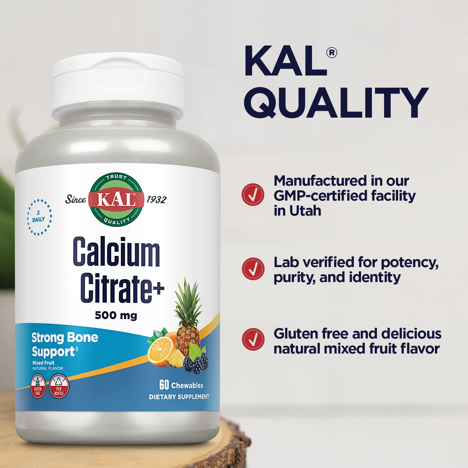 Close-up of KAL Calcium Citrate+ chewable tablet