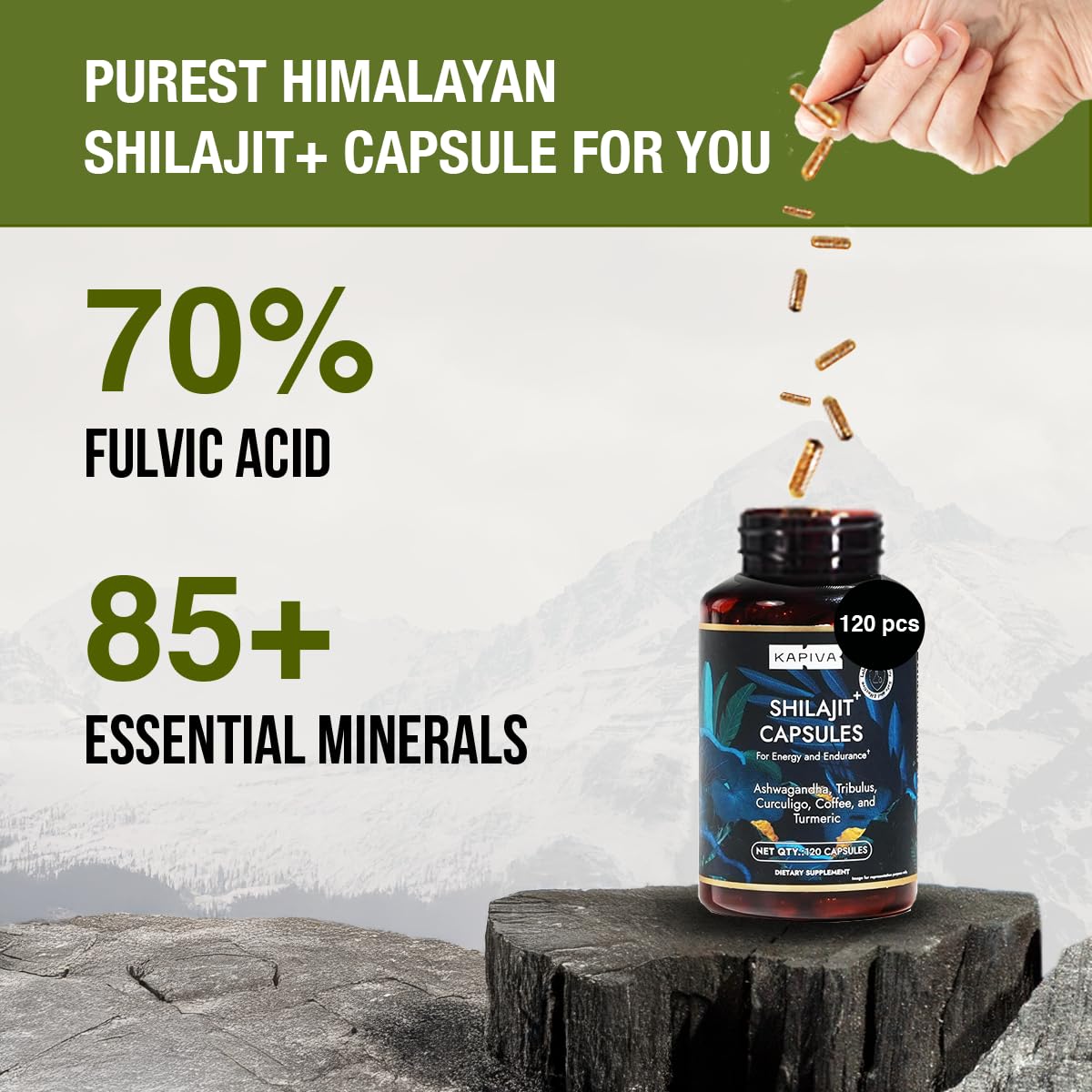 Close-up of Kapiva Shilajit vegan capsules