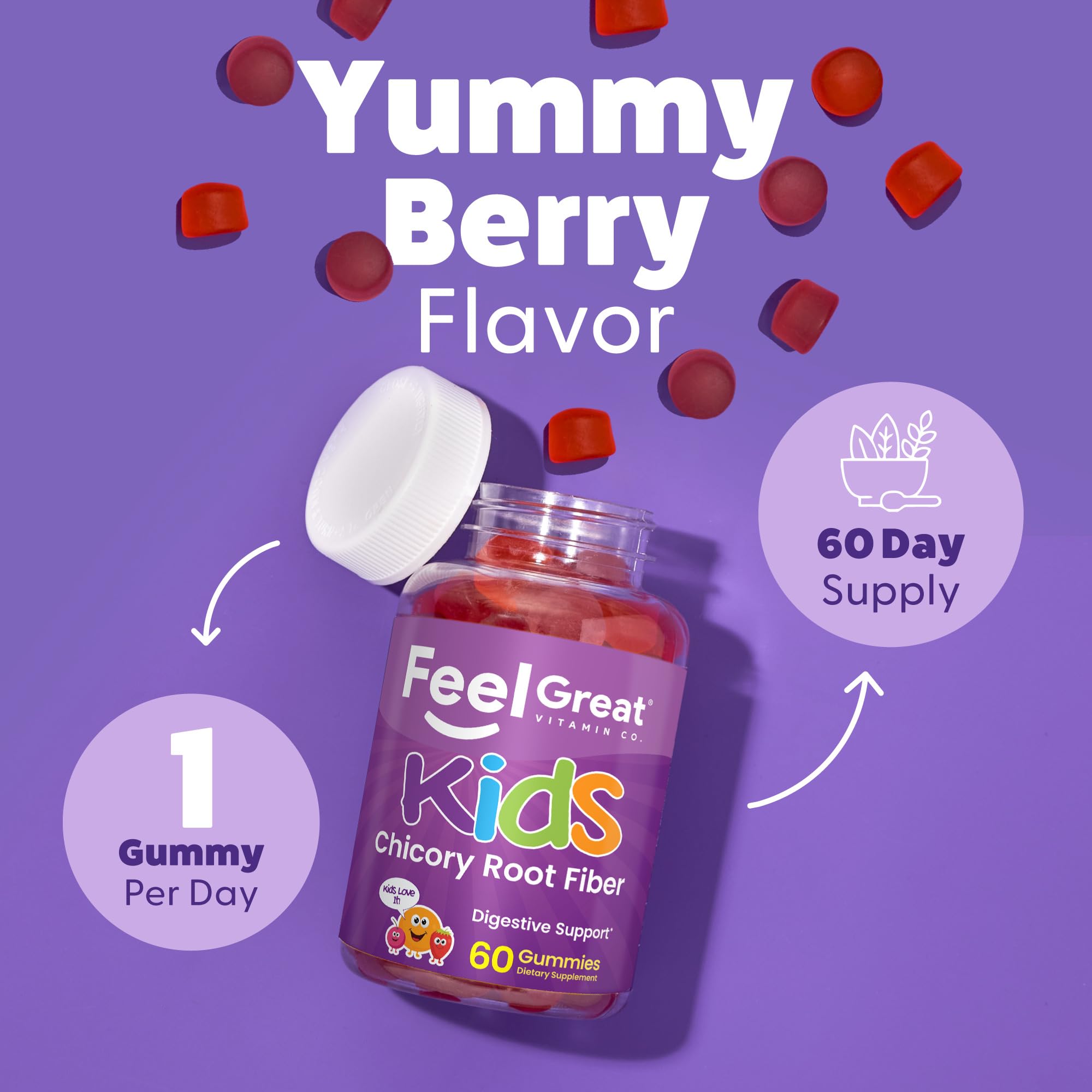 Close-up of Kids Fiber Gummies in orange and berry flavours