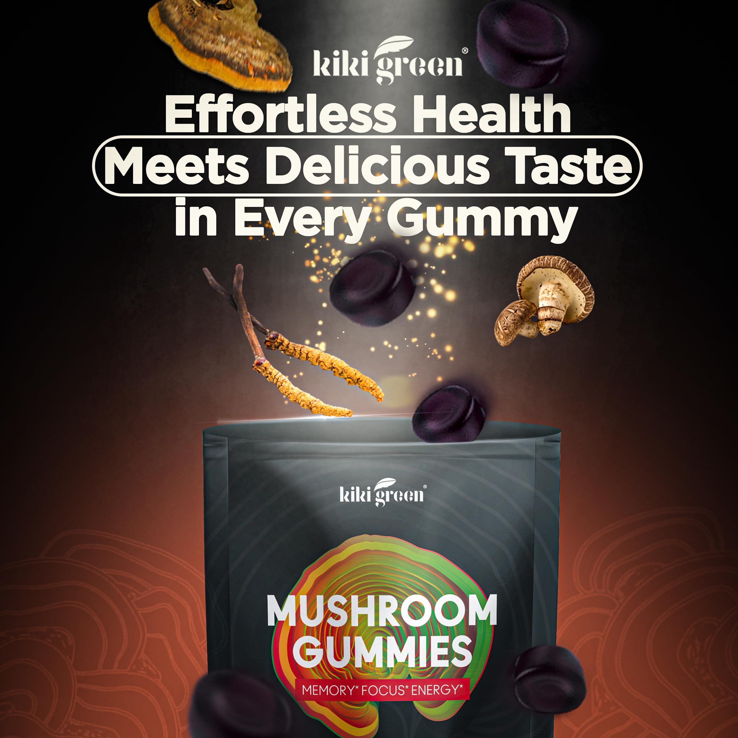 Close-up of KIKI Green Mushroom Gummies in a bowl