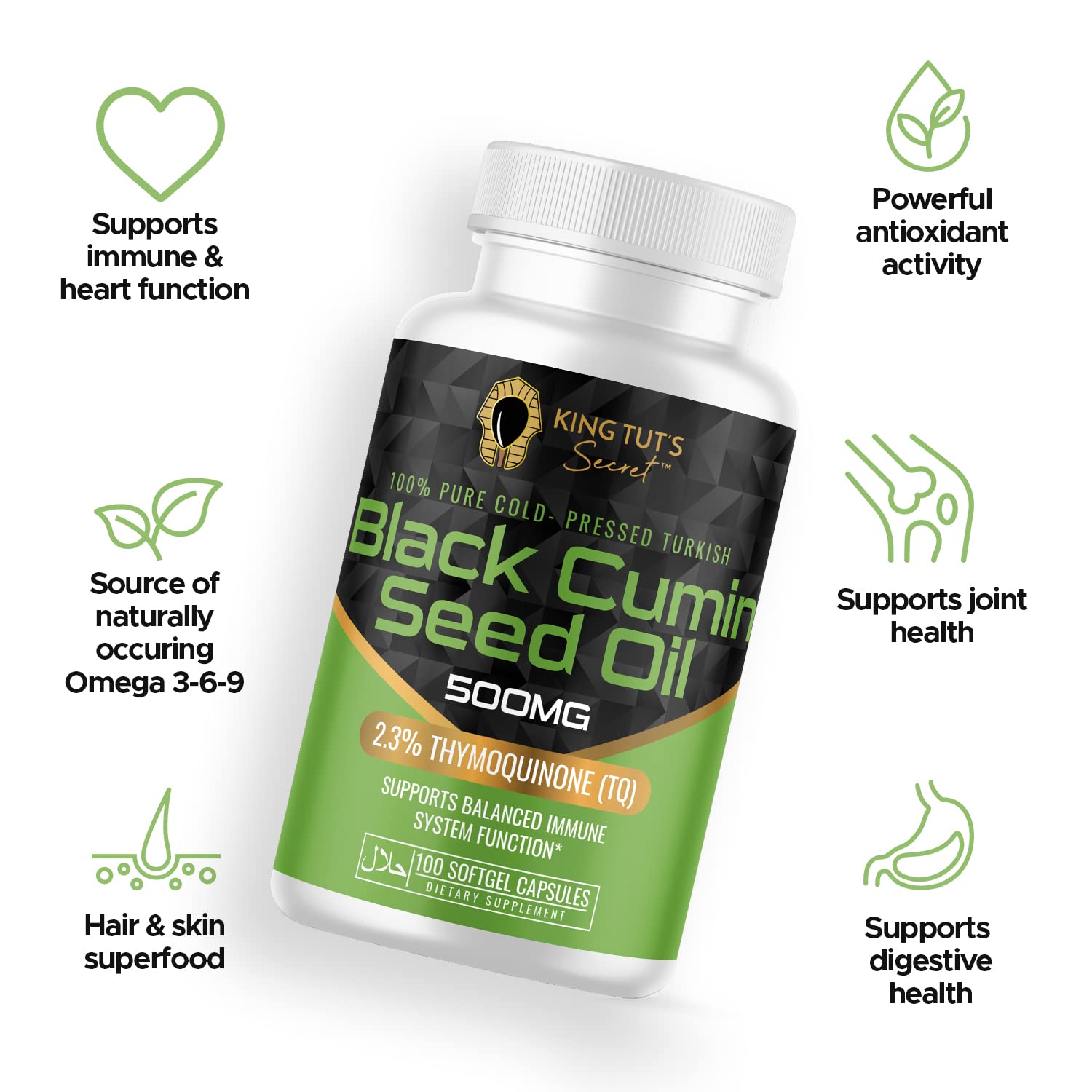 Close-up of KING TUT'S SECRET Black Seed Oil Capsules