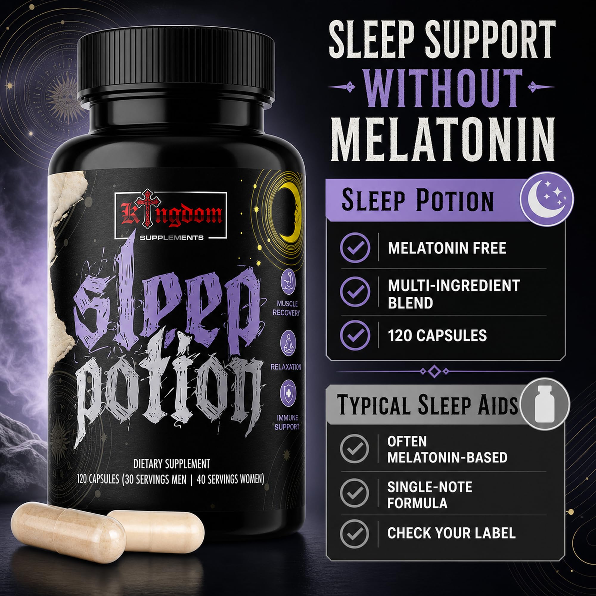 Close-up of Kingdom Supplements Sleep Potion capsules
