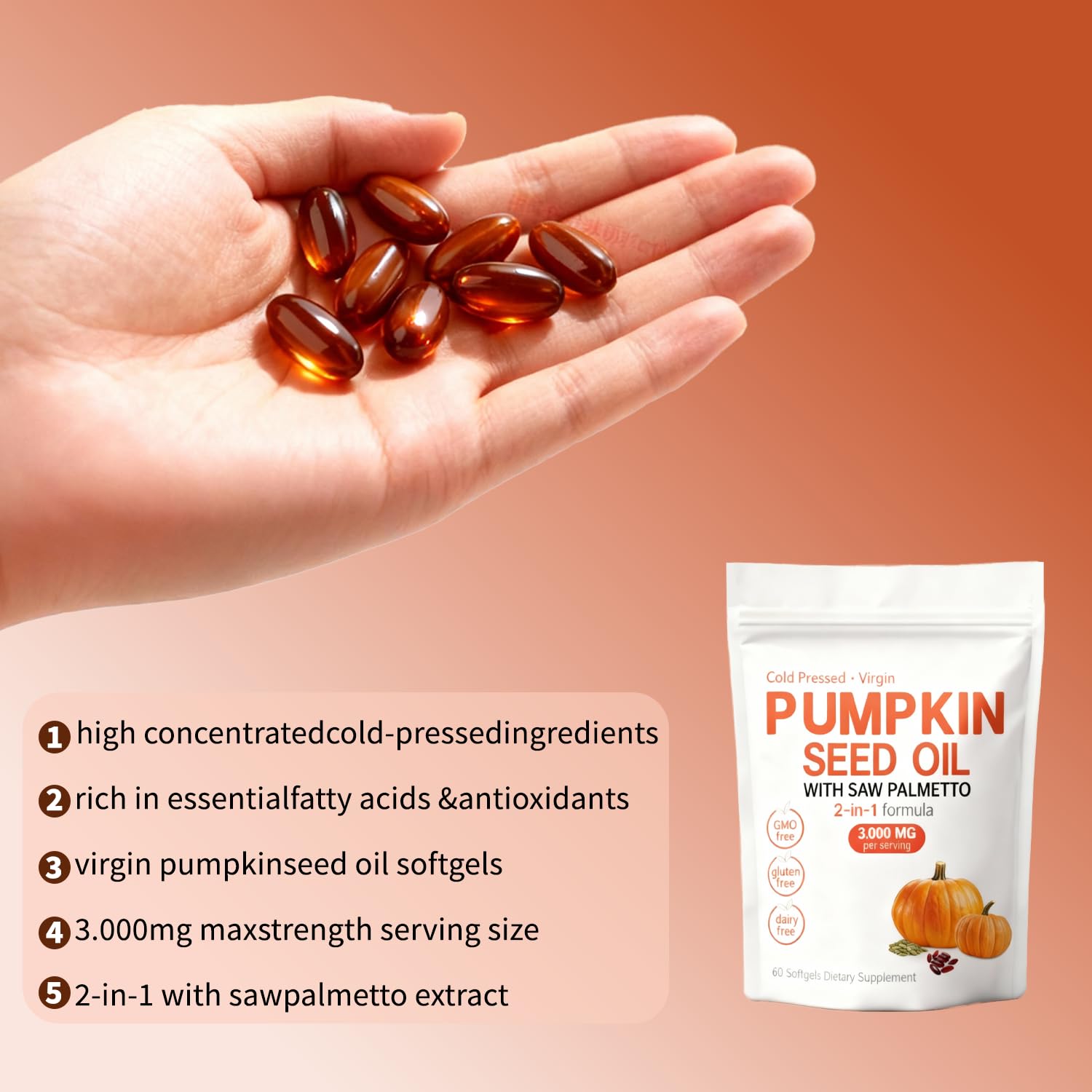 Close-up of KITABIO Pumpkin Seed Oil & Saw Palmetto softgel bottle